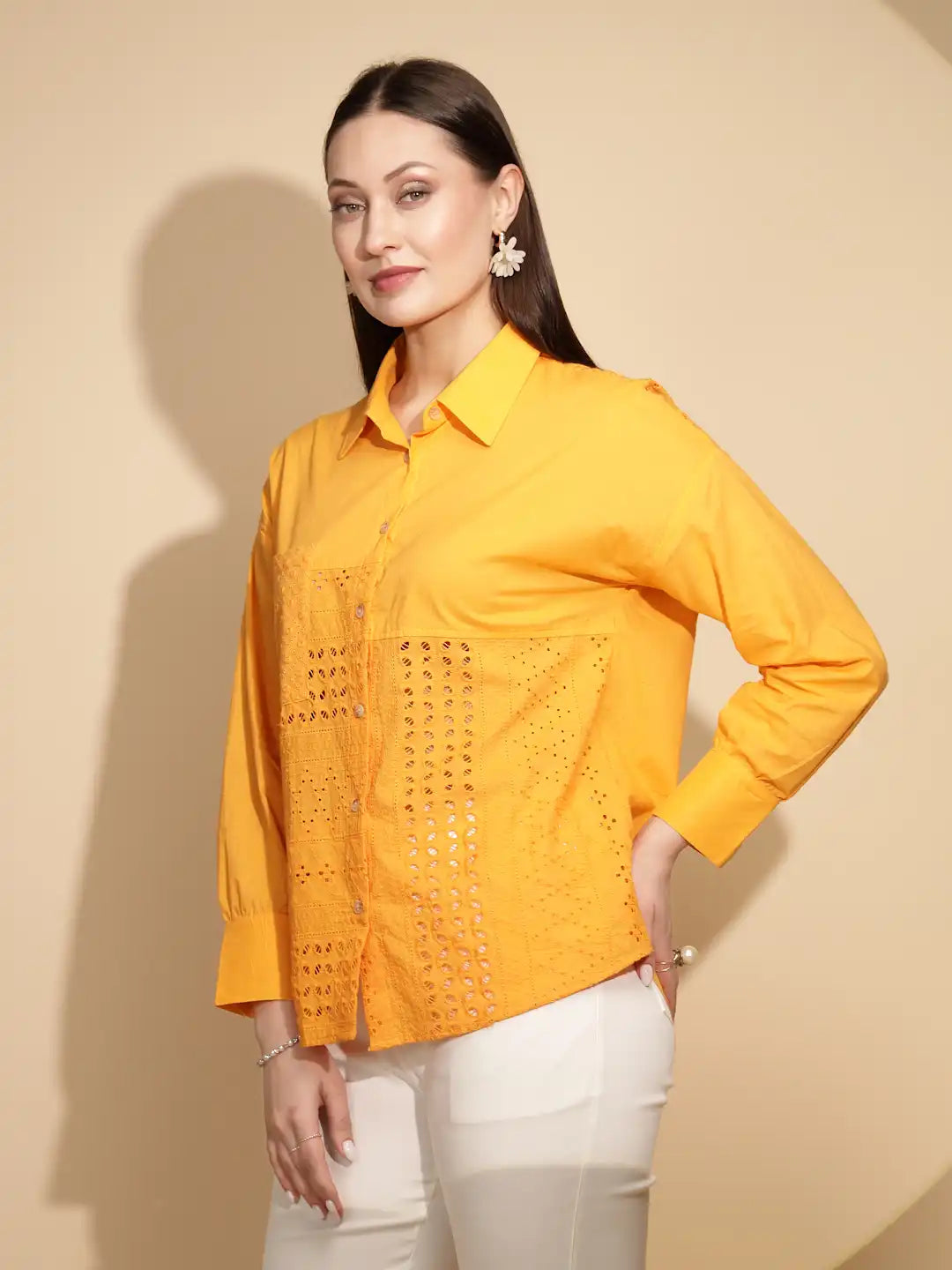 Yellow Cotton Regular Fit Shirt For Women