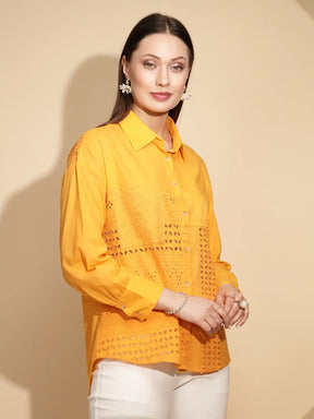 Yellow Cotton Regular Fit Shirt For Women