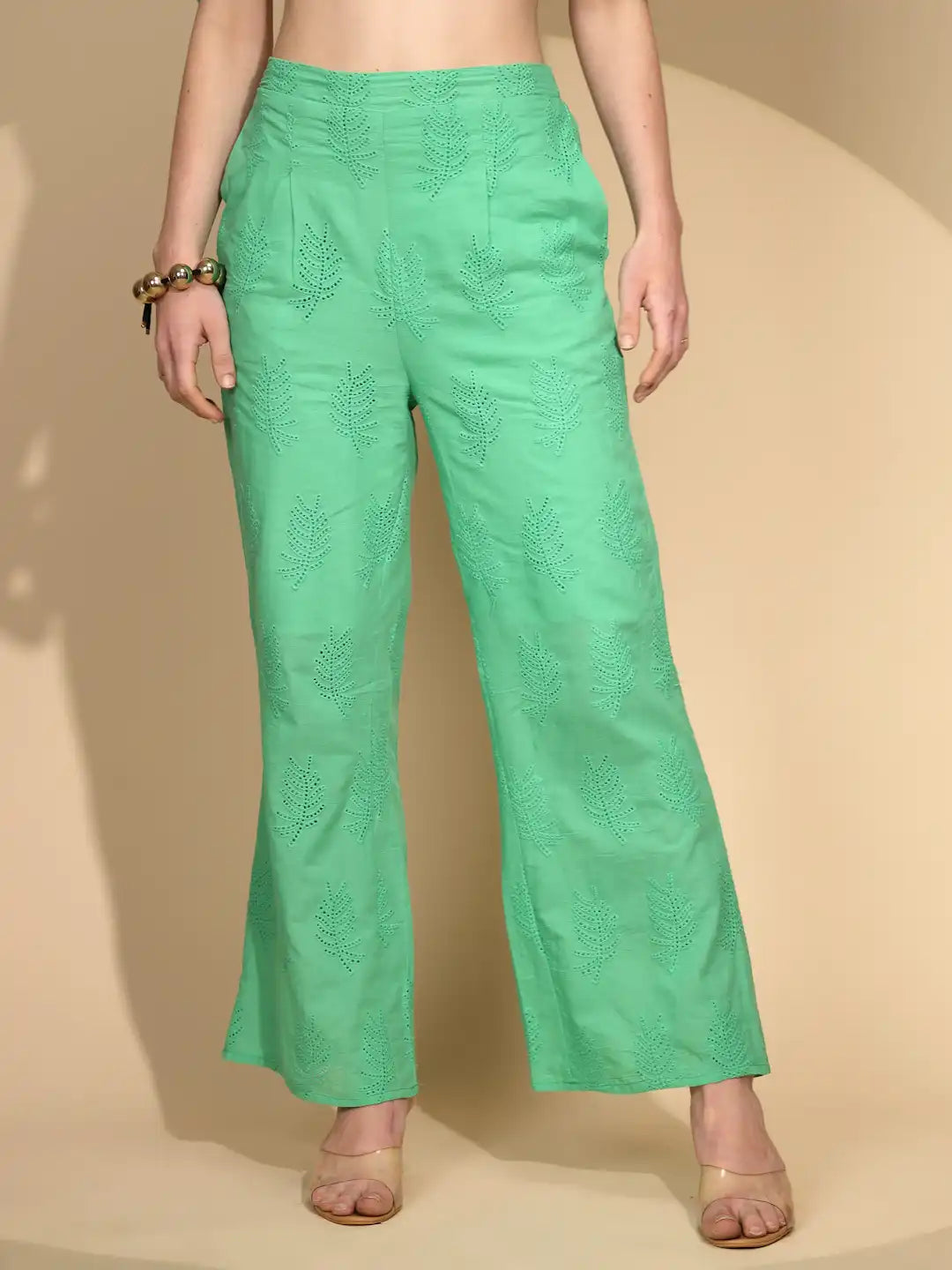 Green Cotton Loose Fit Lower For Women