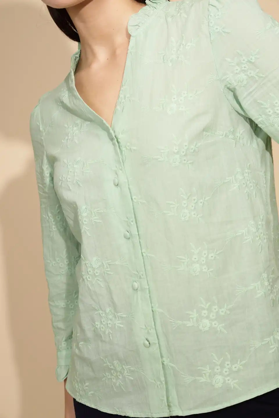 Pista Green Embroidered Cotton Shirt - Global Republic