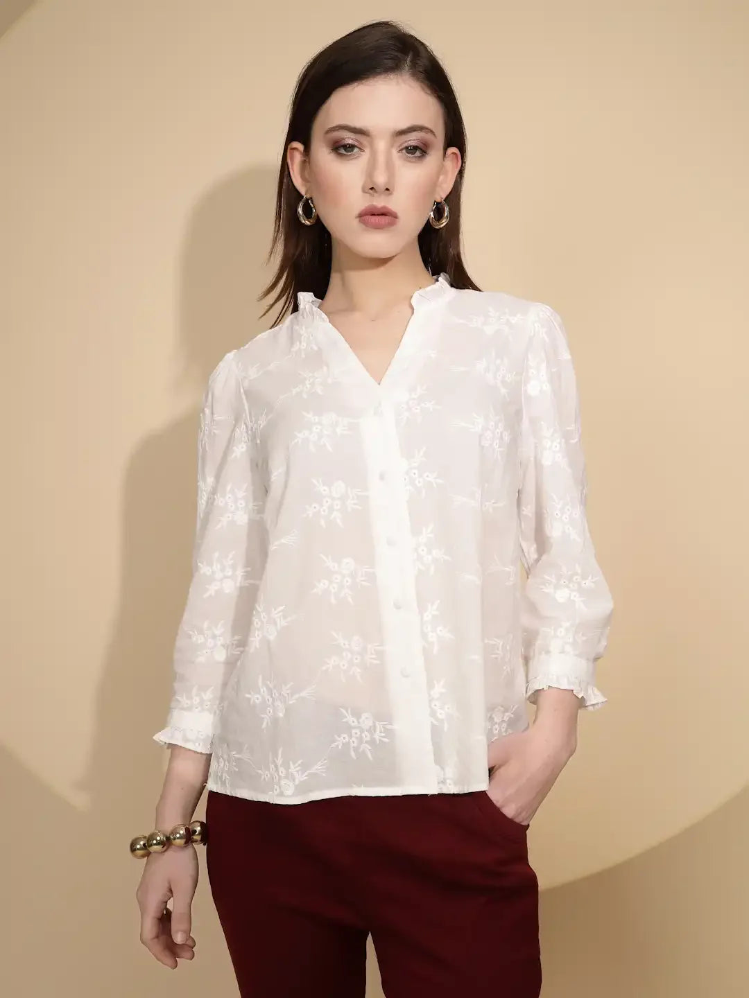 White Embroidered Cotton Shirt - Global Republic