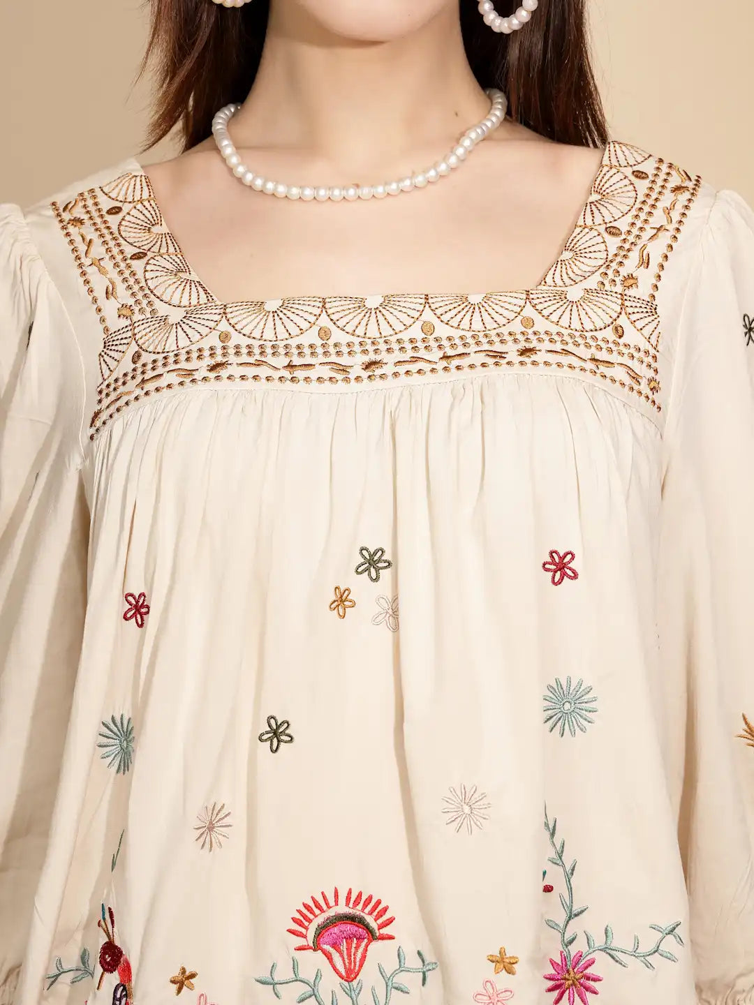 Beige Cotton Regular Fit Blouson Top - Global Republic