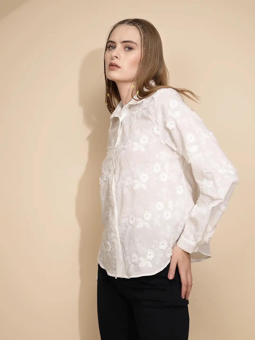White 3D Embroidered Cotton Shirt - Global Republic