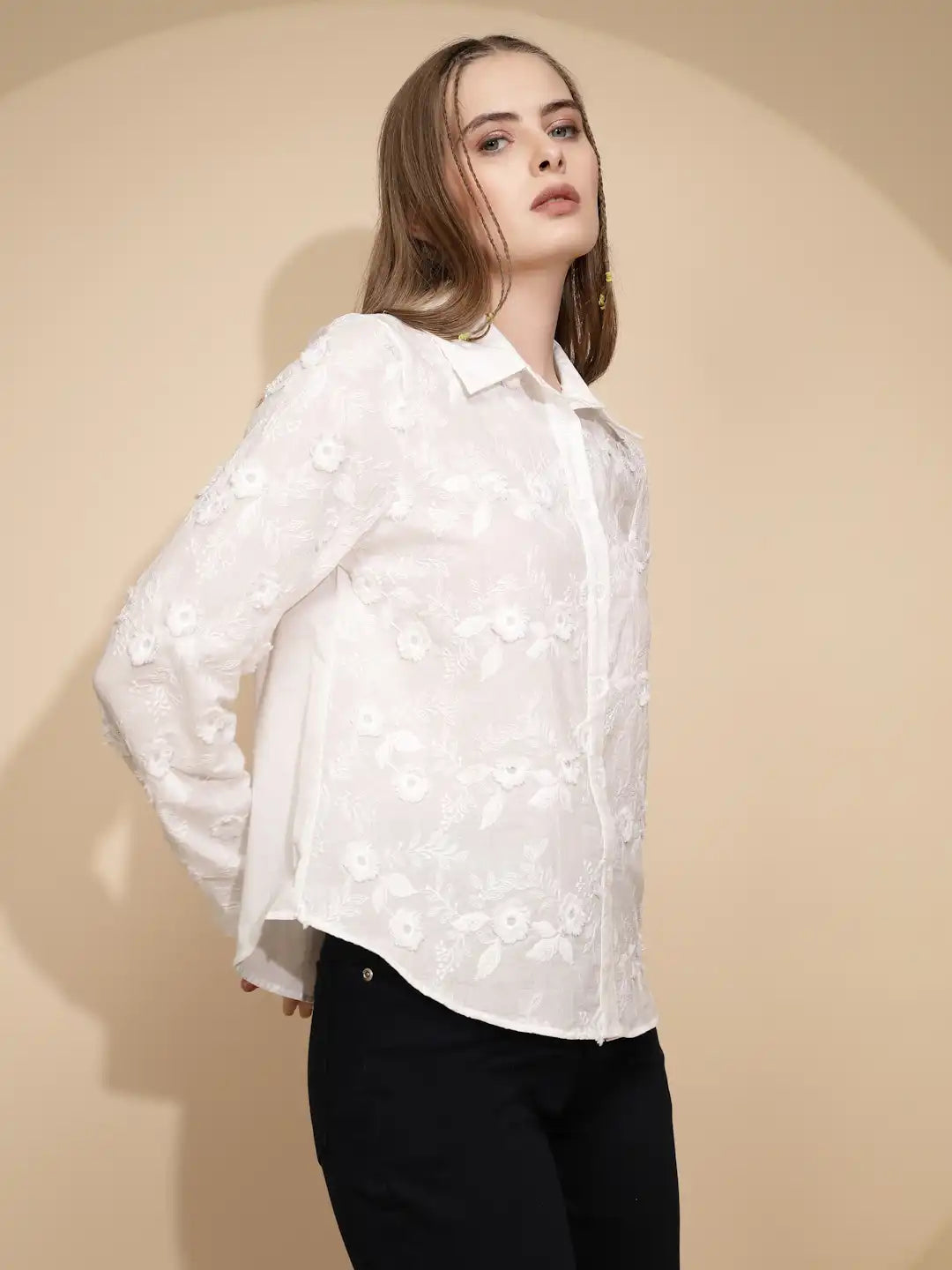 White 3D Embroidered Cotton Shirt - Global Republic