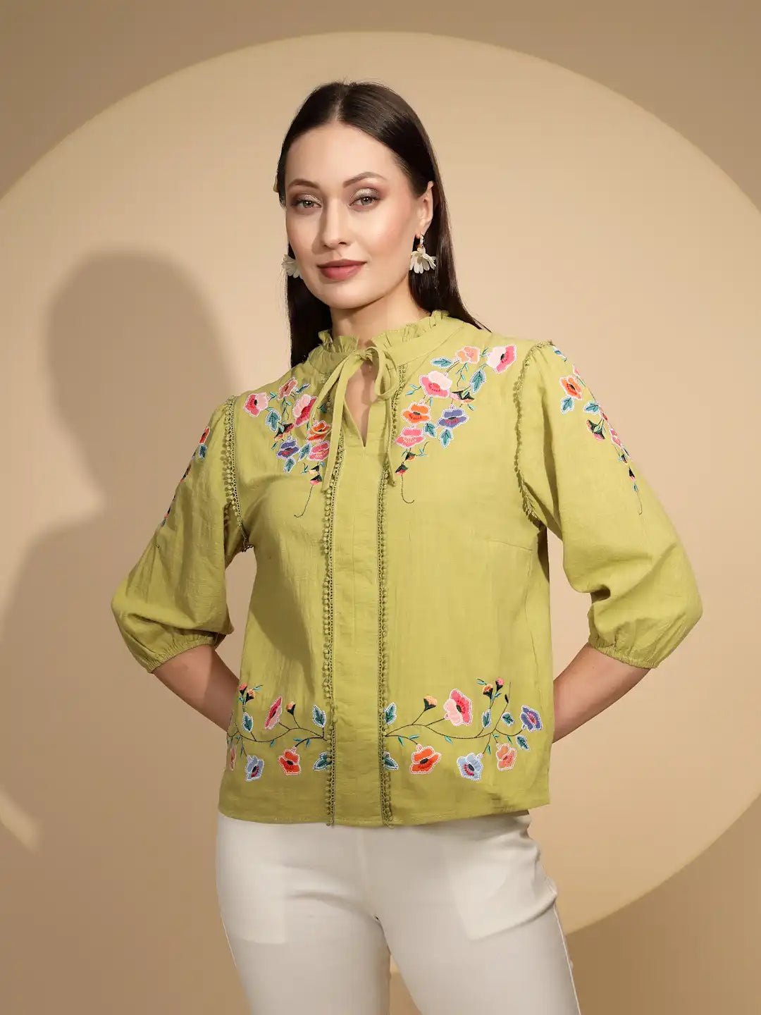 Green Cotton Regular Fit Blouson Top For Women - Global Republic