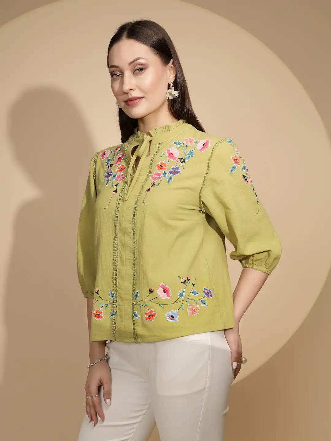 Green Cotton Regular Fit Blouson Top For Women - Global Republic