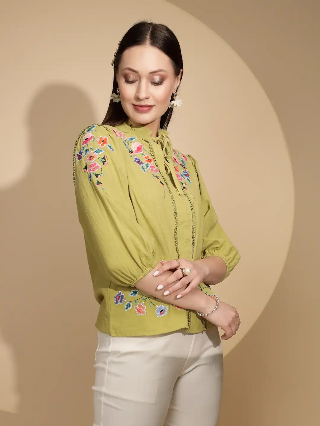 Green Cotton Regular Fit Blouson Top For Women - Global Republic