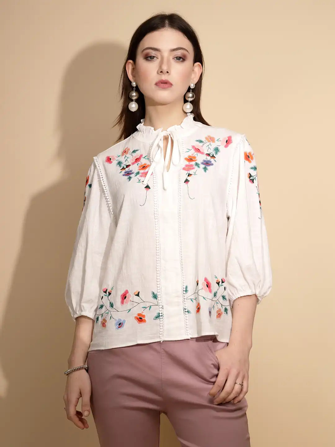 White Floral Embroidered Cotton Top - Global Republic