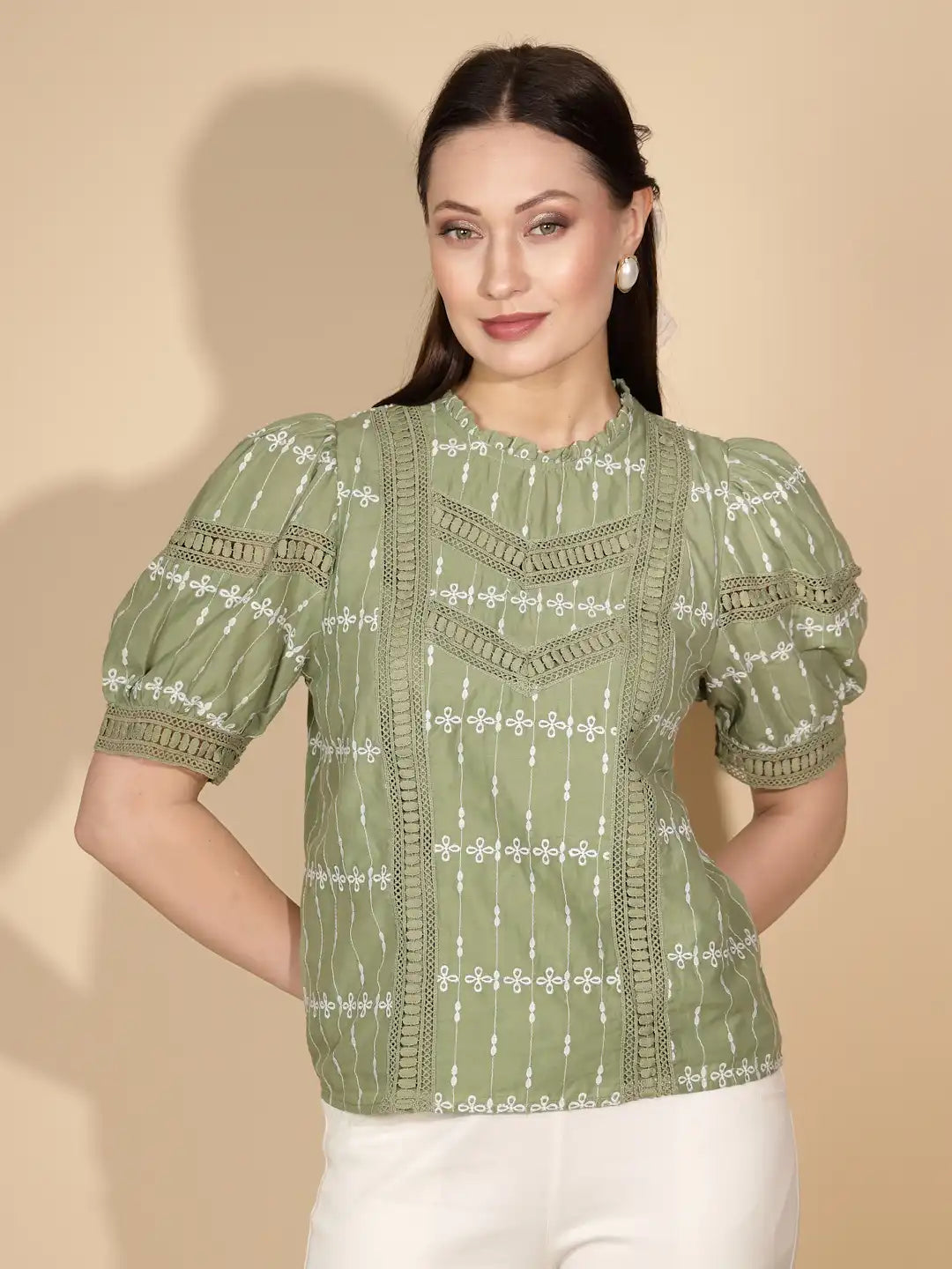 Green Cotton Regular Fit Blouson Top For Women
