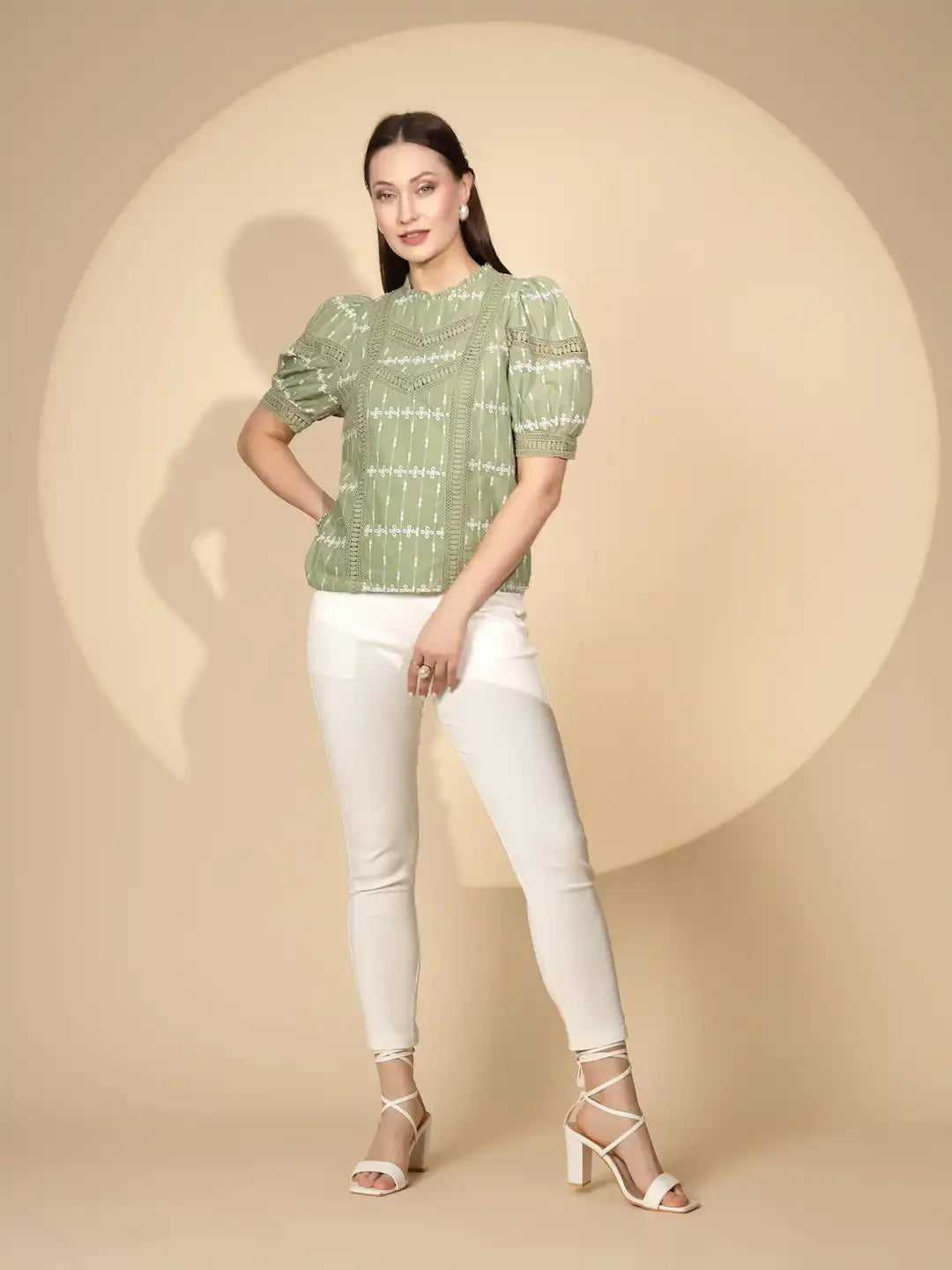 Green Cotton Regular Fit Blouson Top For Women