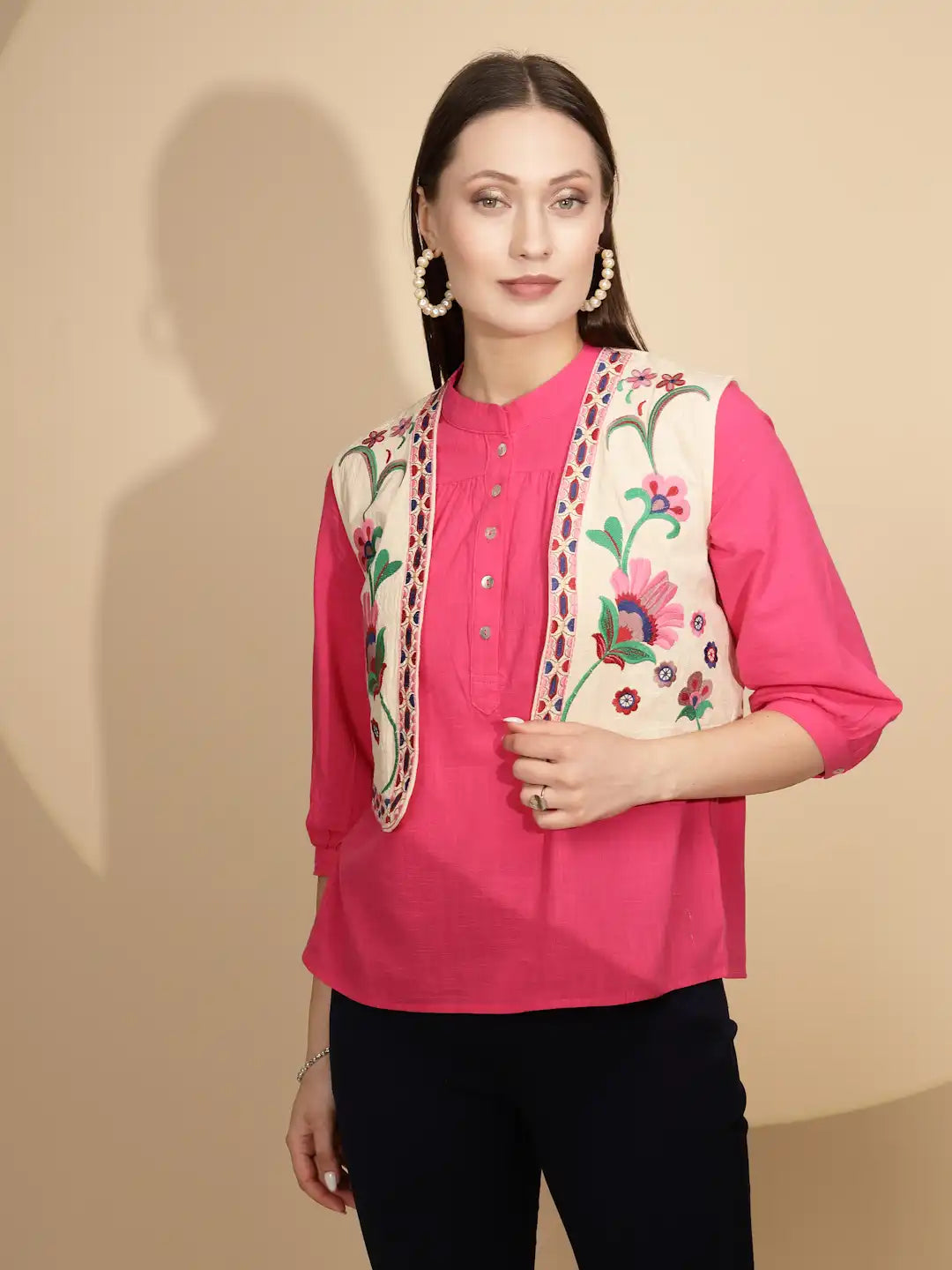 Beige Cotton Tailored Fit Waist Coat For Women