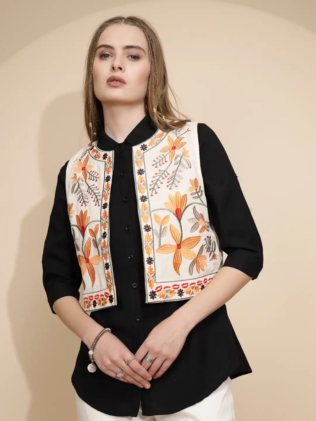Cream Embroidered Waist Coat - Global Republic