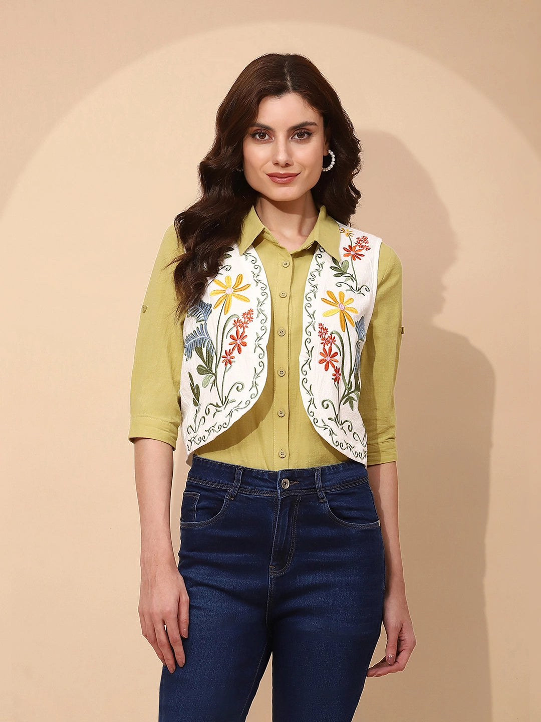 White Cotton Embroidered Waist Coat - Global Republic