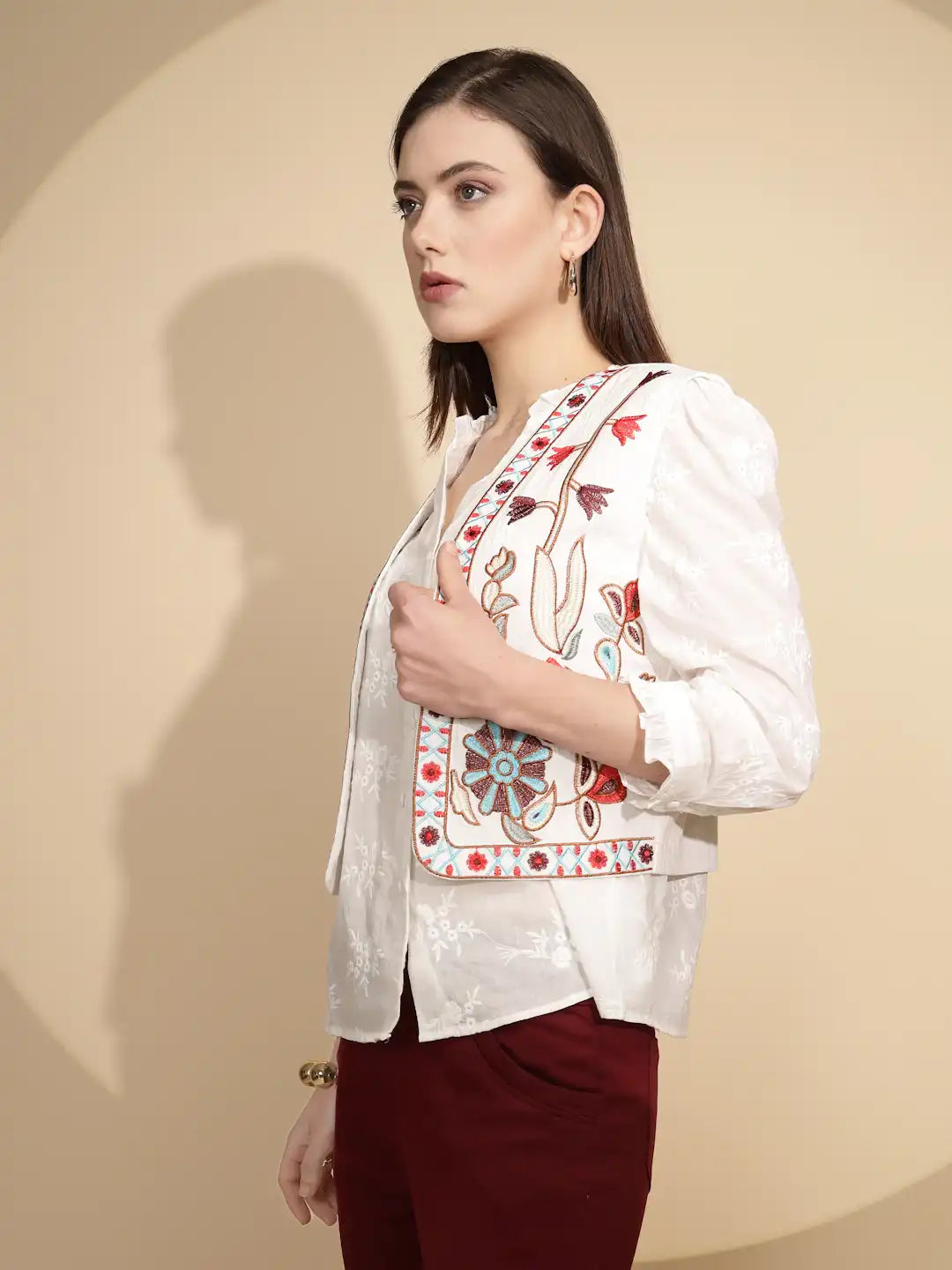 White Cotton Tailored Fit Waist Coat For Women - Global Republic