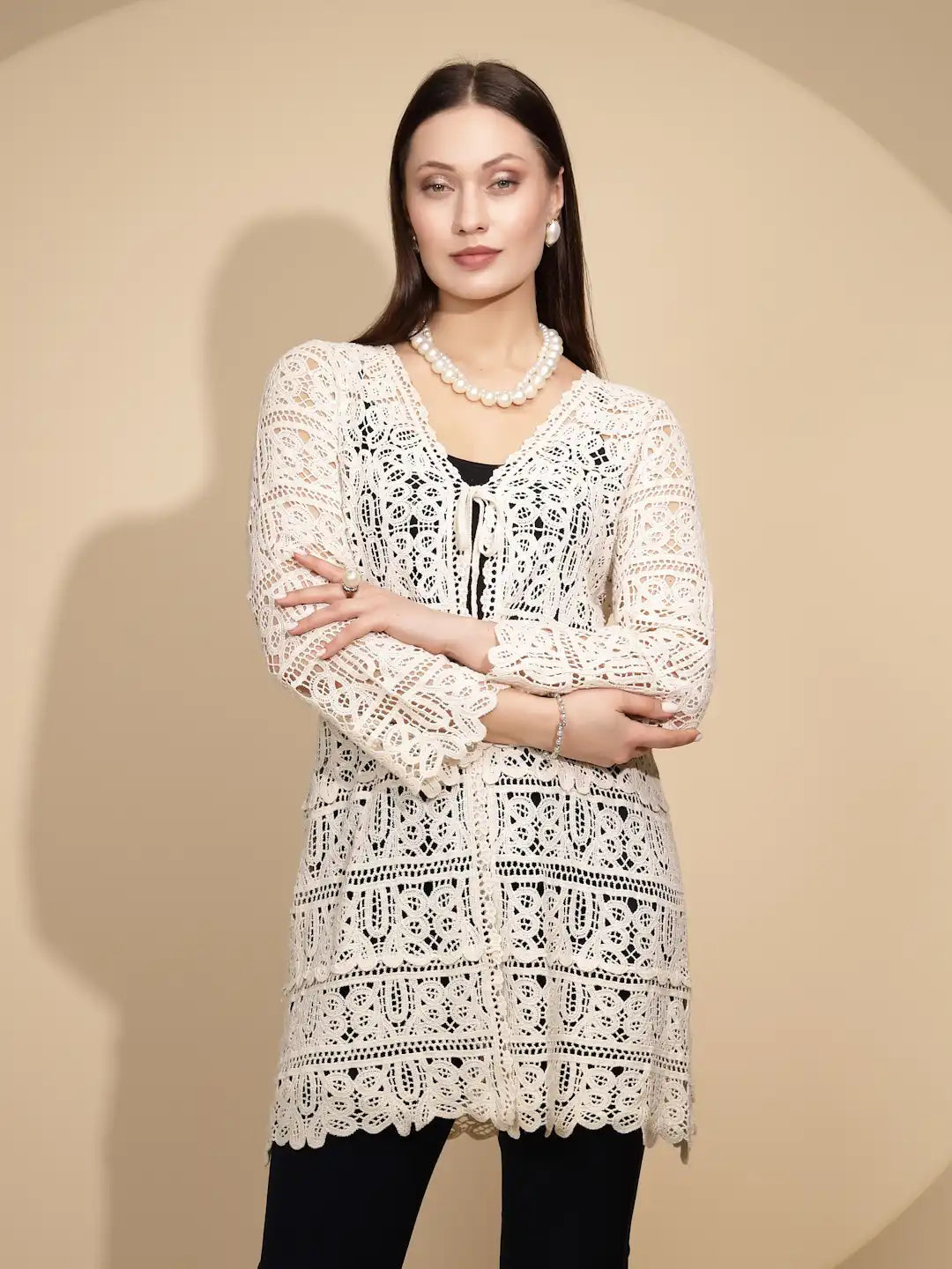 Beige Cotton Blend Regular Fit Shrug For Women - Global Republic