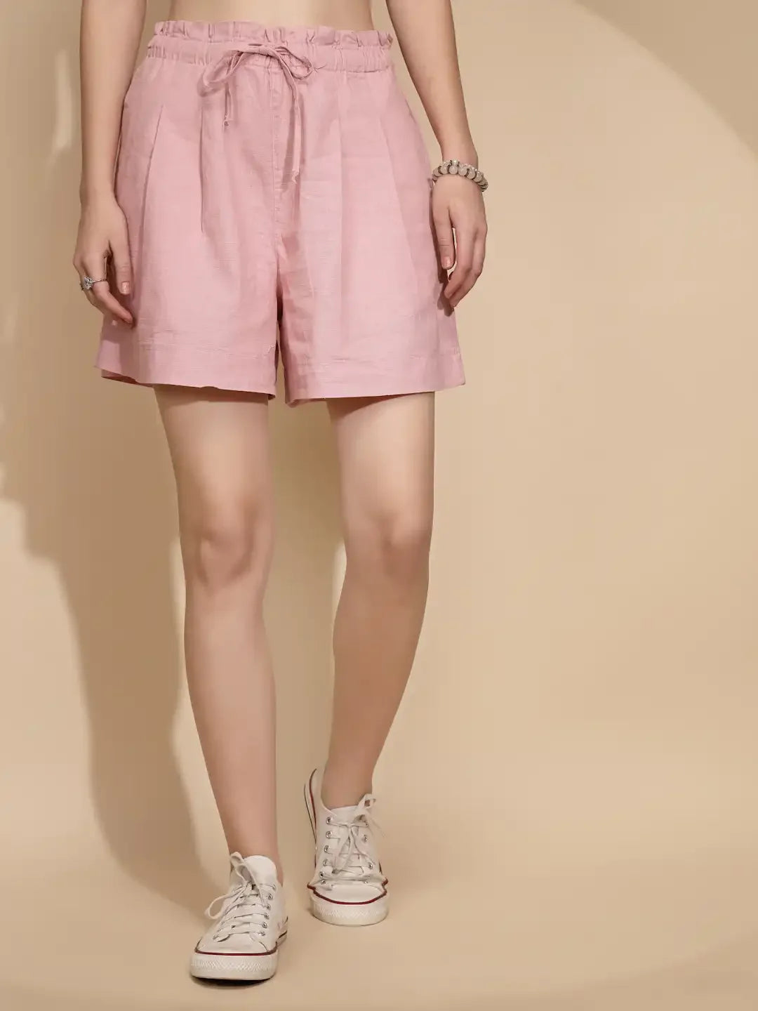 Dusky Pink Linen Regular Fit Shorts For Women