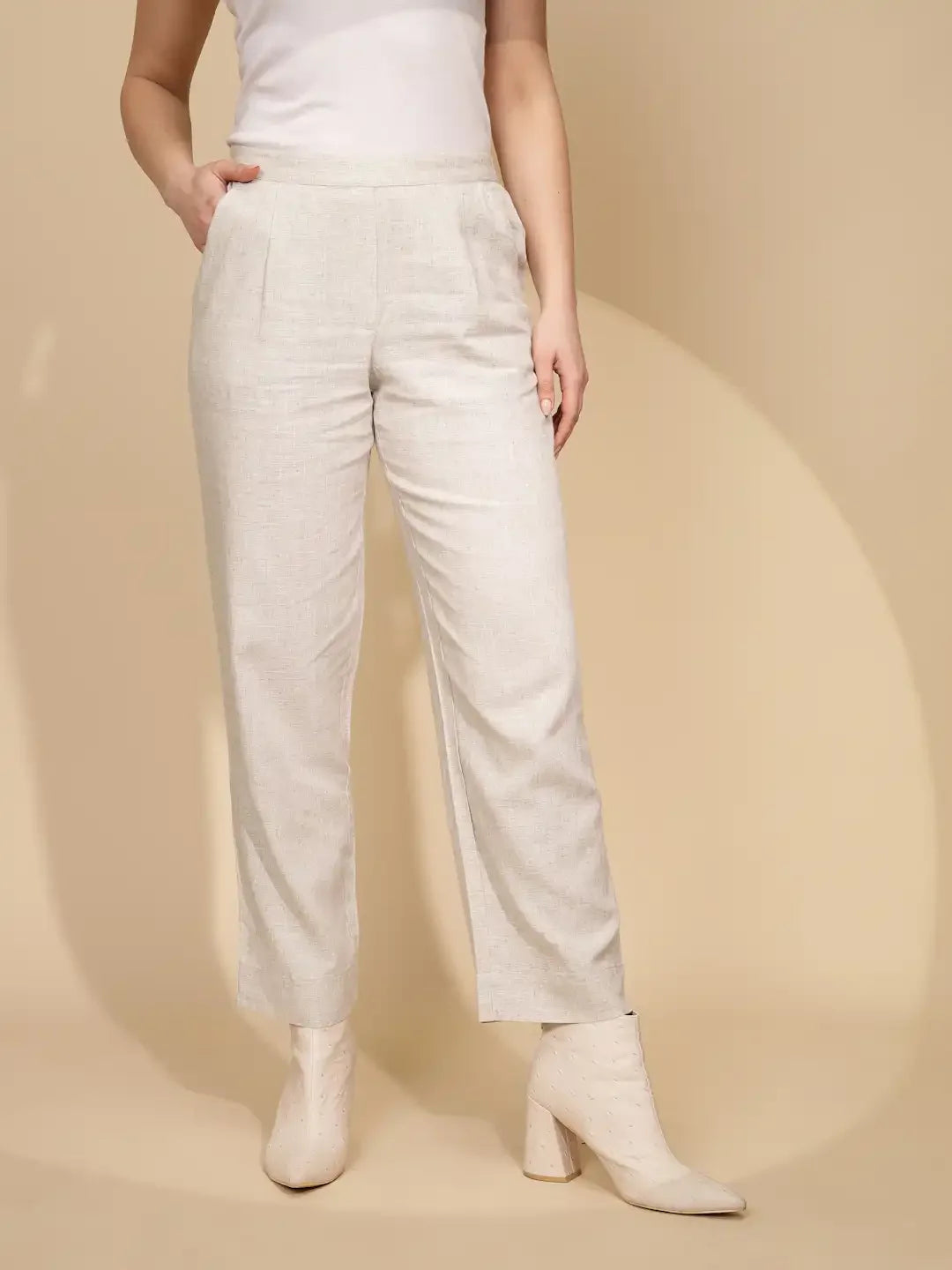 Beige Linen Relaxed Fit Trouser For Women - Global Republic