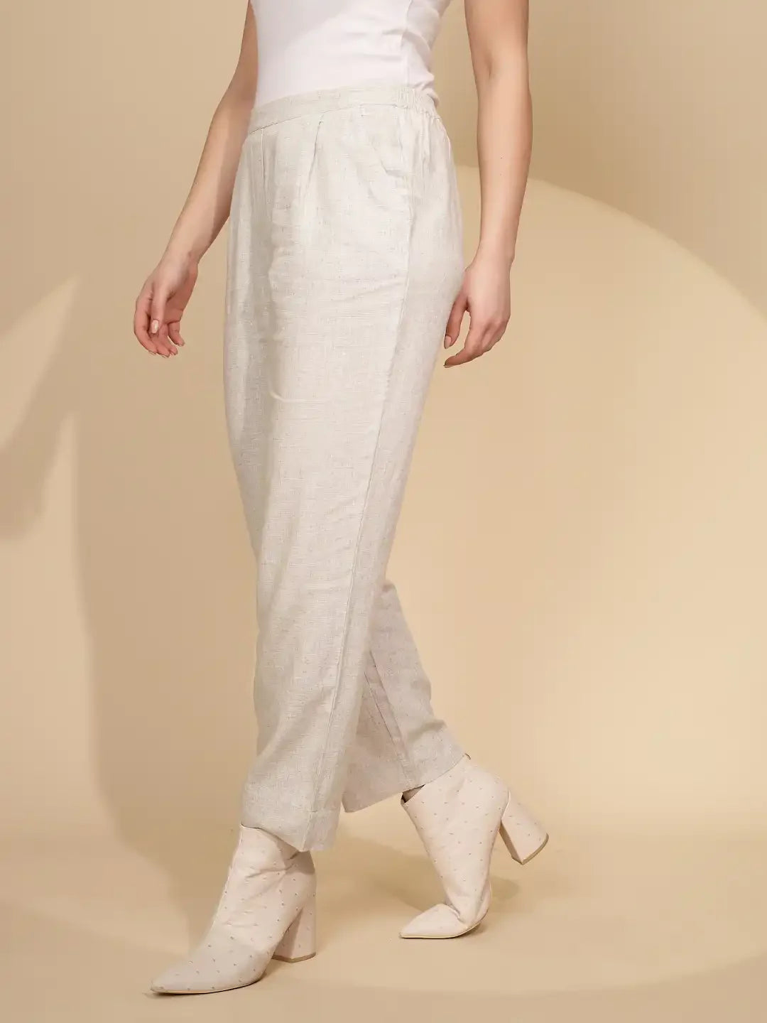 Beige Linen Relaxed Fit Trouser For Women - Global Republic