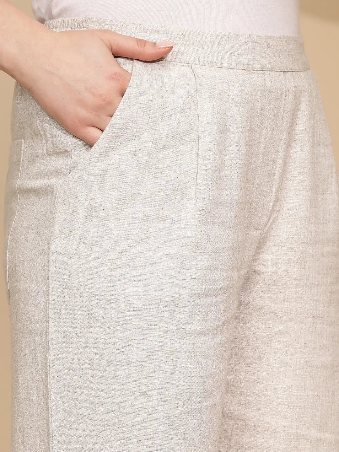 Beige Linen Relaxed Fit Trouser For Women - Global Republic