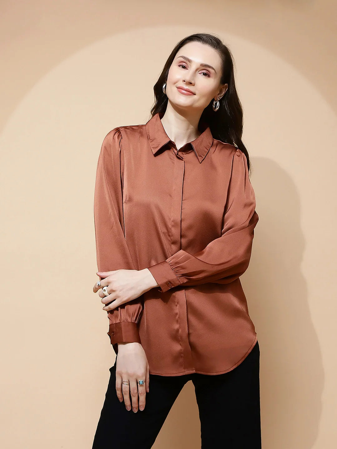 Brown Satin Tailored Fit Shirt - Global Republic