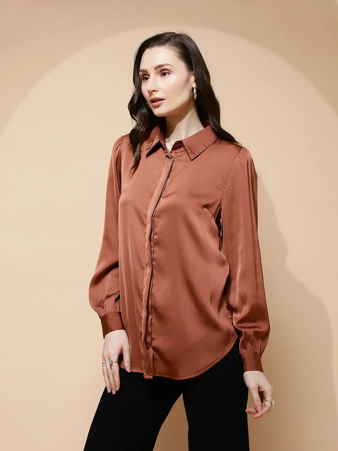 Brown Satin Tailored Fit Shirt - Global Republic