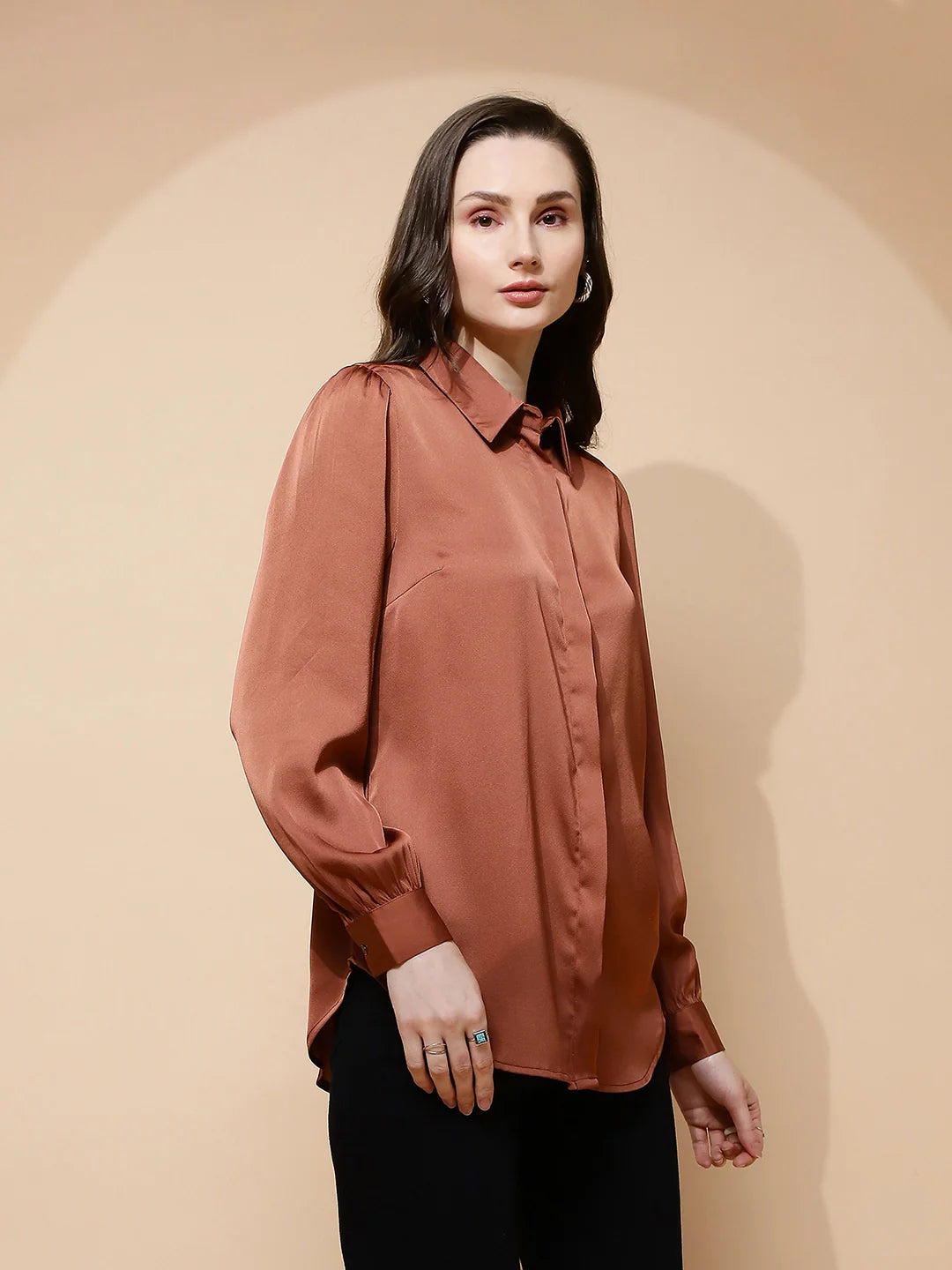Brown Satin Tailored Fit Shirt - Global Republic