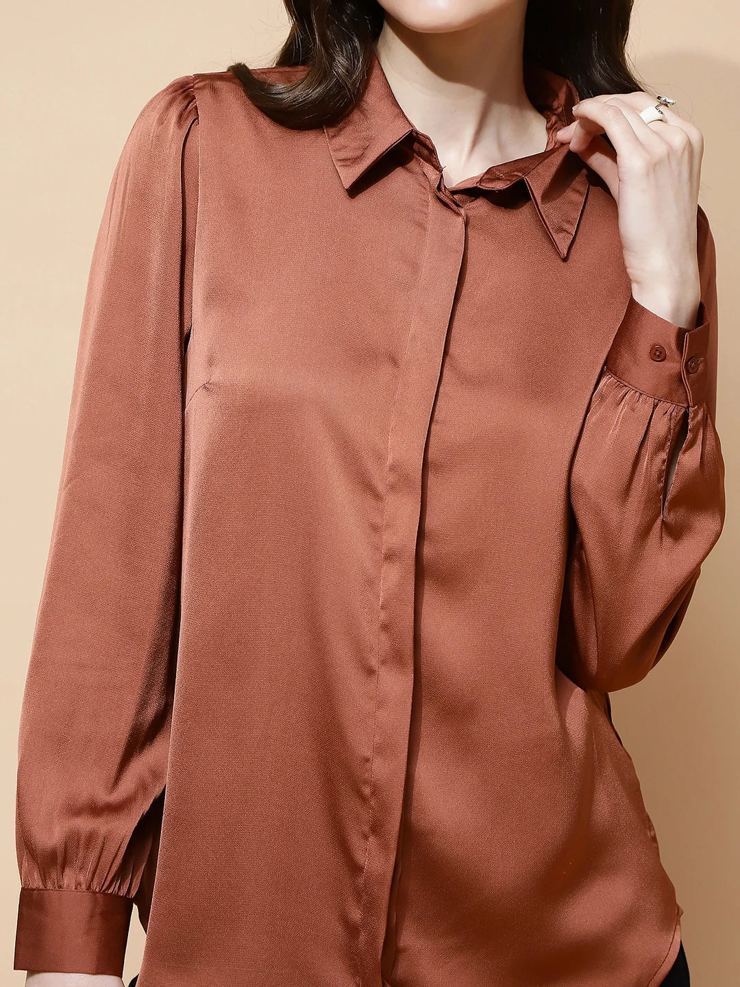 Brown Satin Tailored Fit Shirt - Global Republic