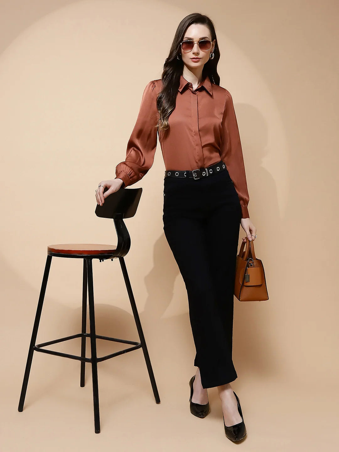 Brown Satin Tailored Fit Shirt - Global Republic