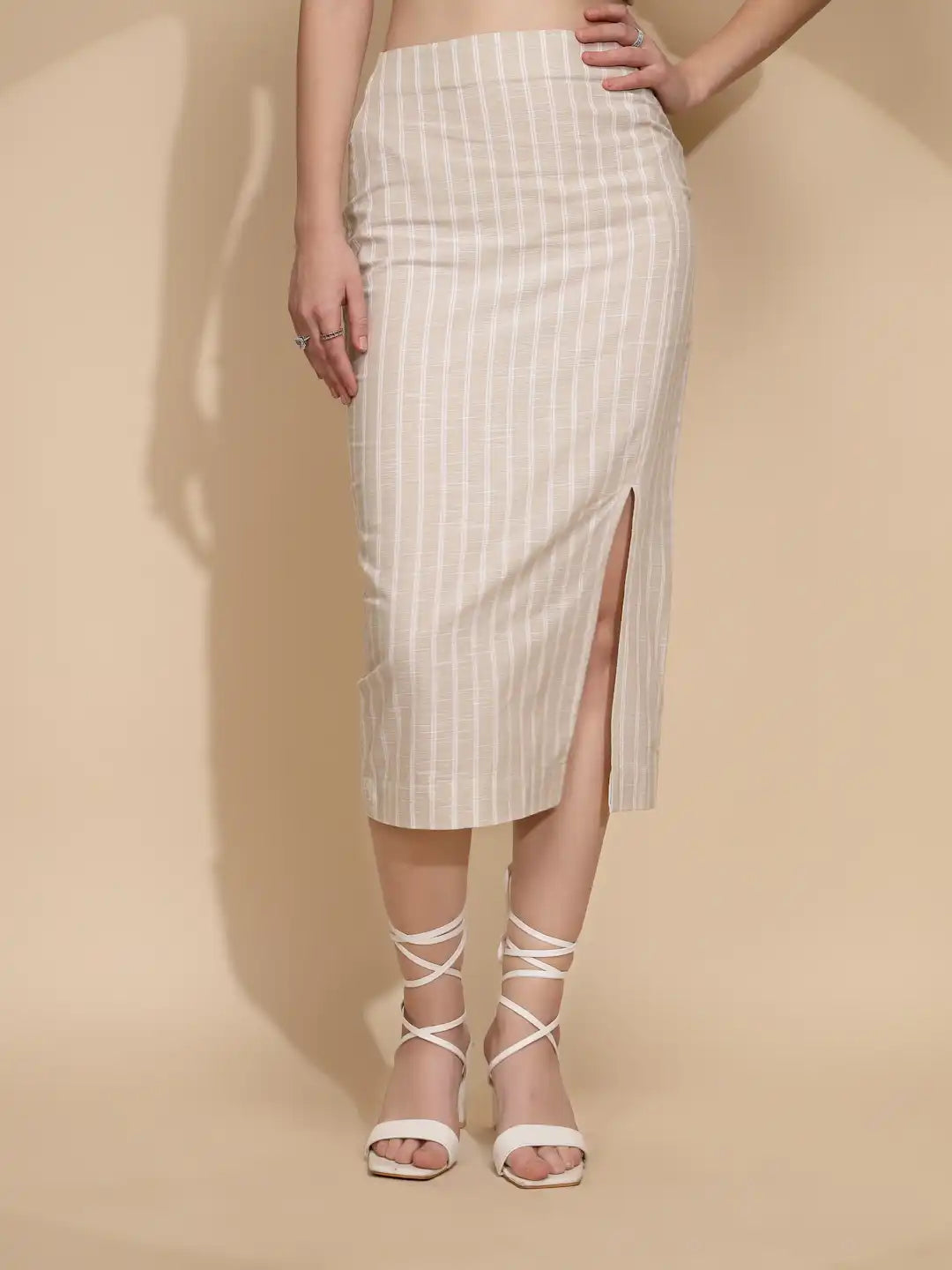 Beige Linen Regular Fit Skirt For Women