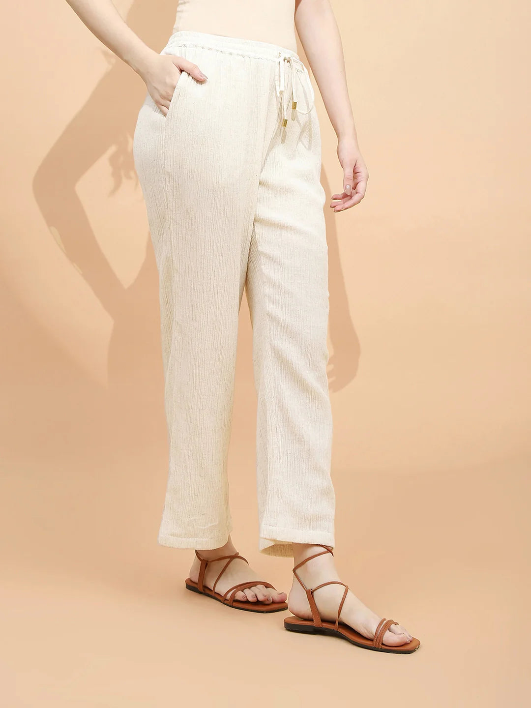 Natural Beige Linen Relaxed Fit Lower For Women - Global Republic