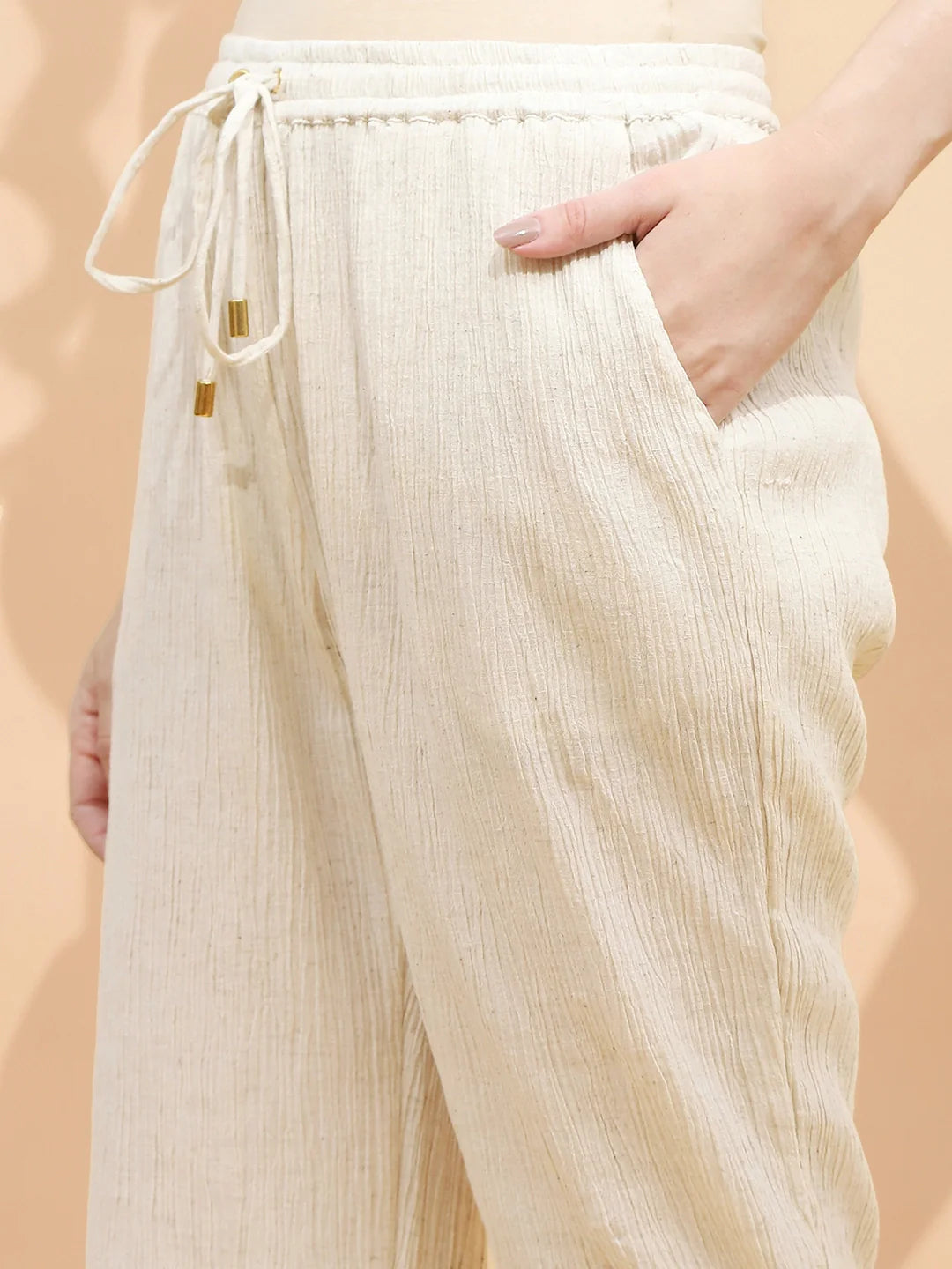 Natural Beige Linen Relaxed Fit Lower For Women - Global Republic