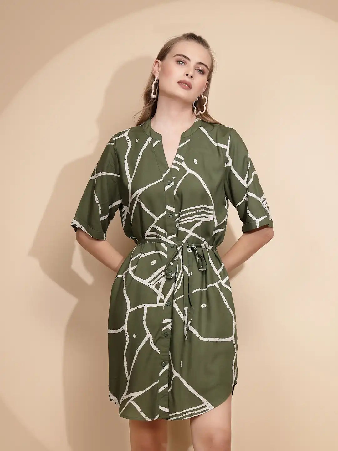 Olive Rayon Regular Fit Tunic For Women - Global Republic