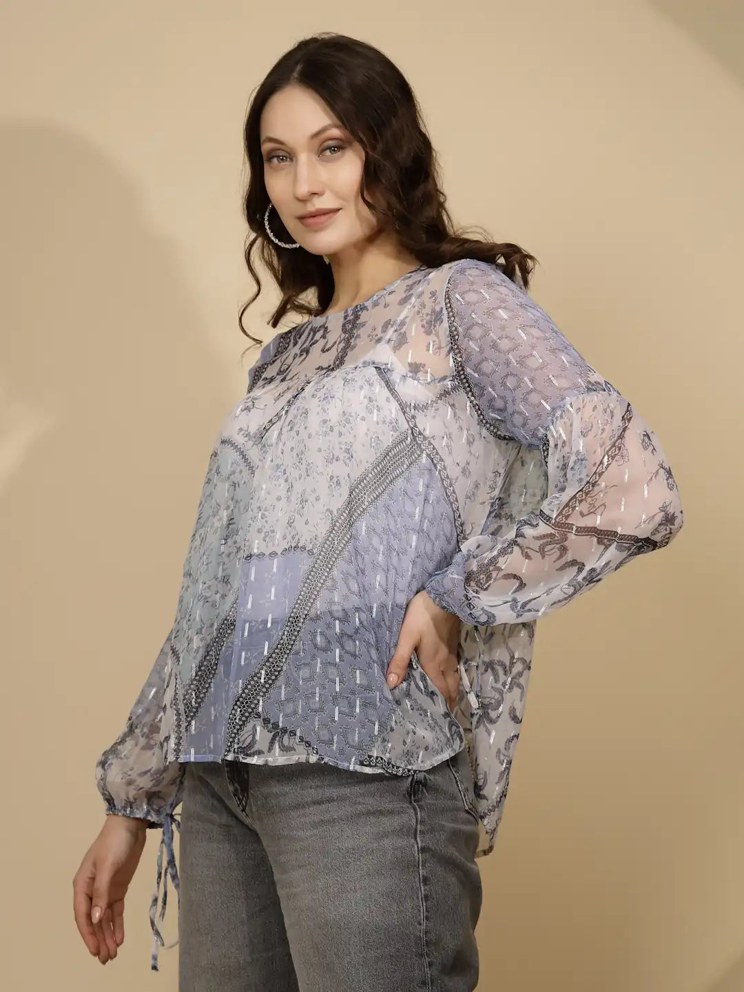 Light Blue Chiffon Regular Fit Blouson Top For Women - Global Republic