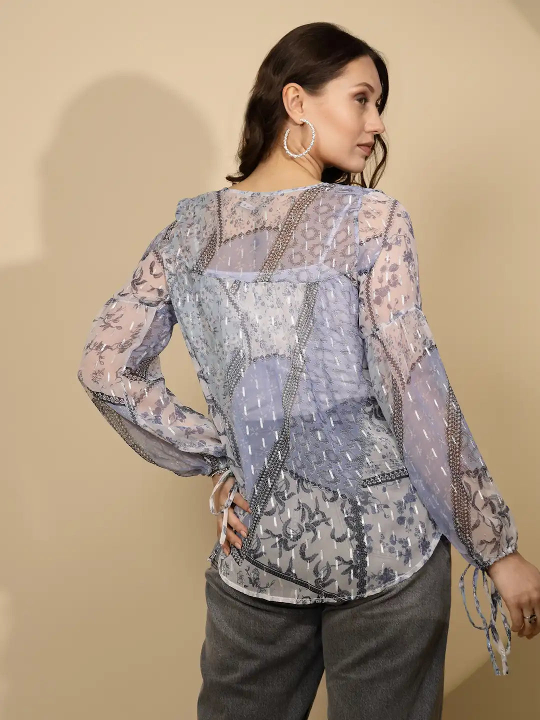 Light Blue Chiffon Regular Fit Blouson Top For Women - Global Republic