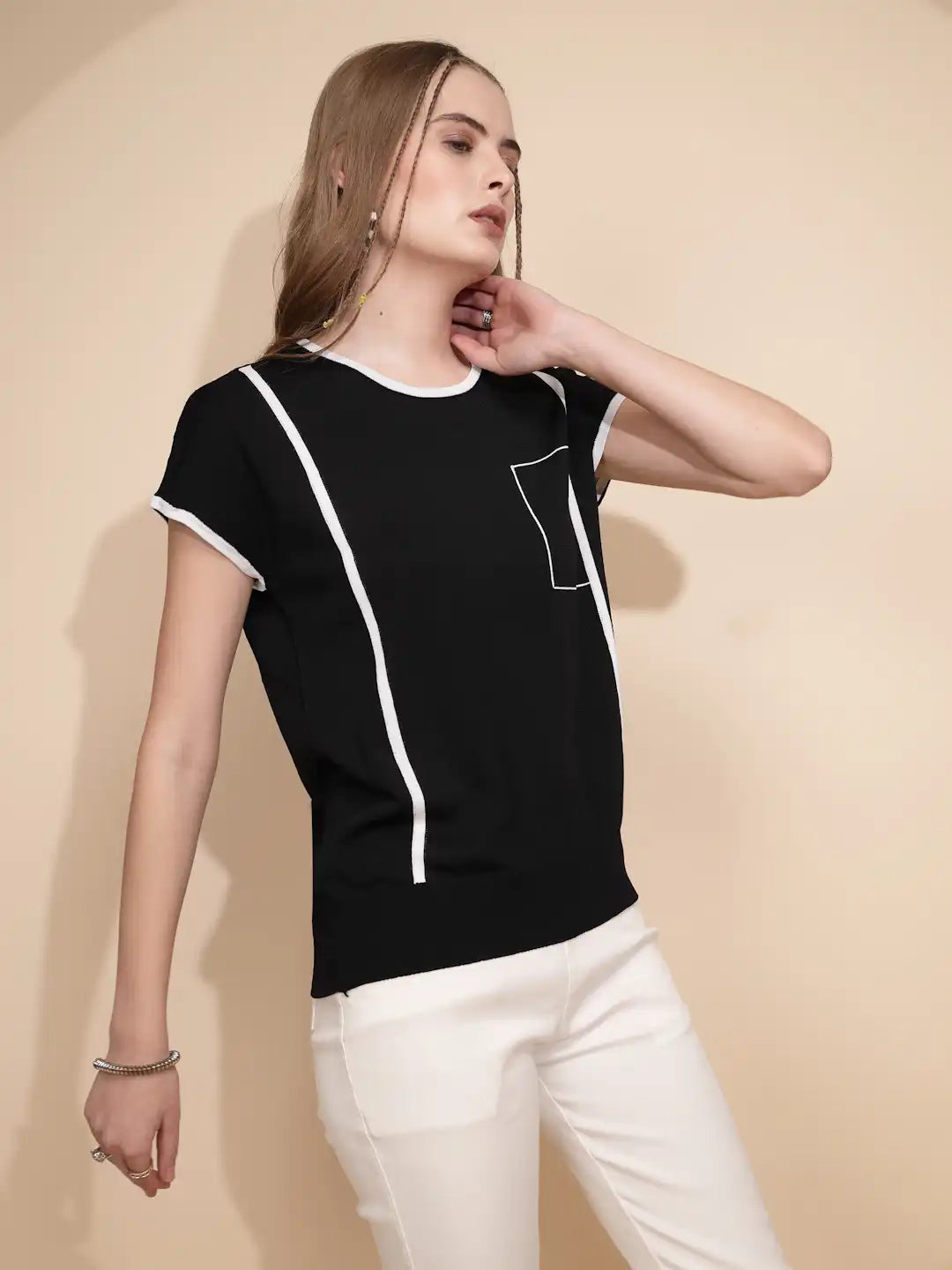 Black Regular Fit Viscose Blend Top - Global Republic