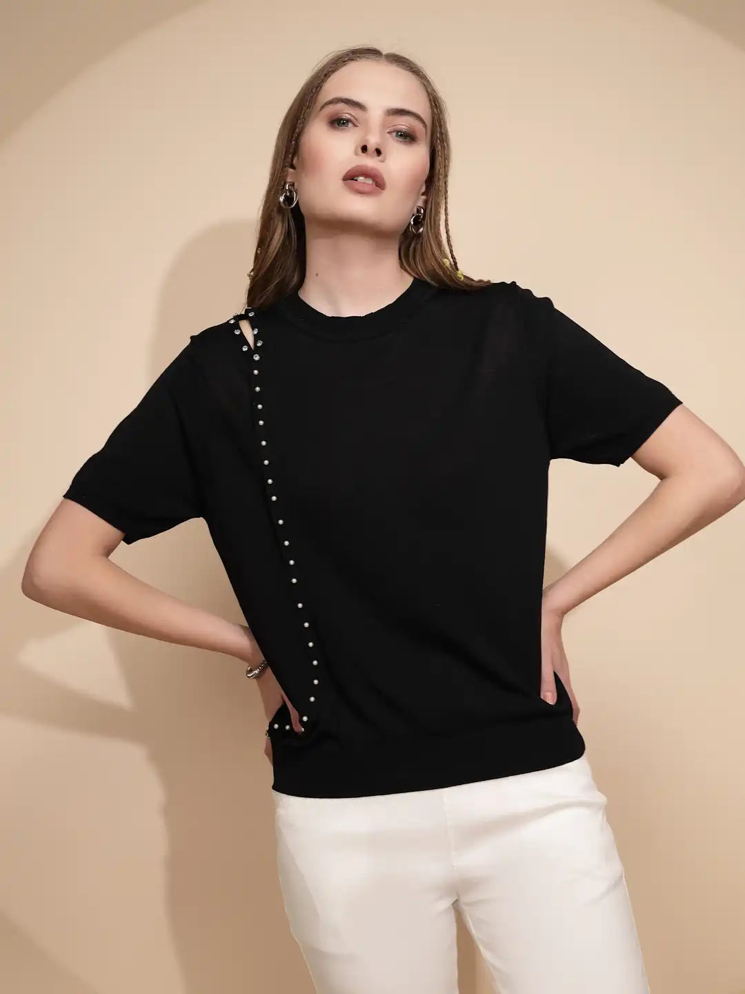 Black Solid Viscose Blend Top - Global Republic