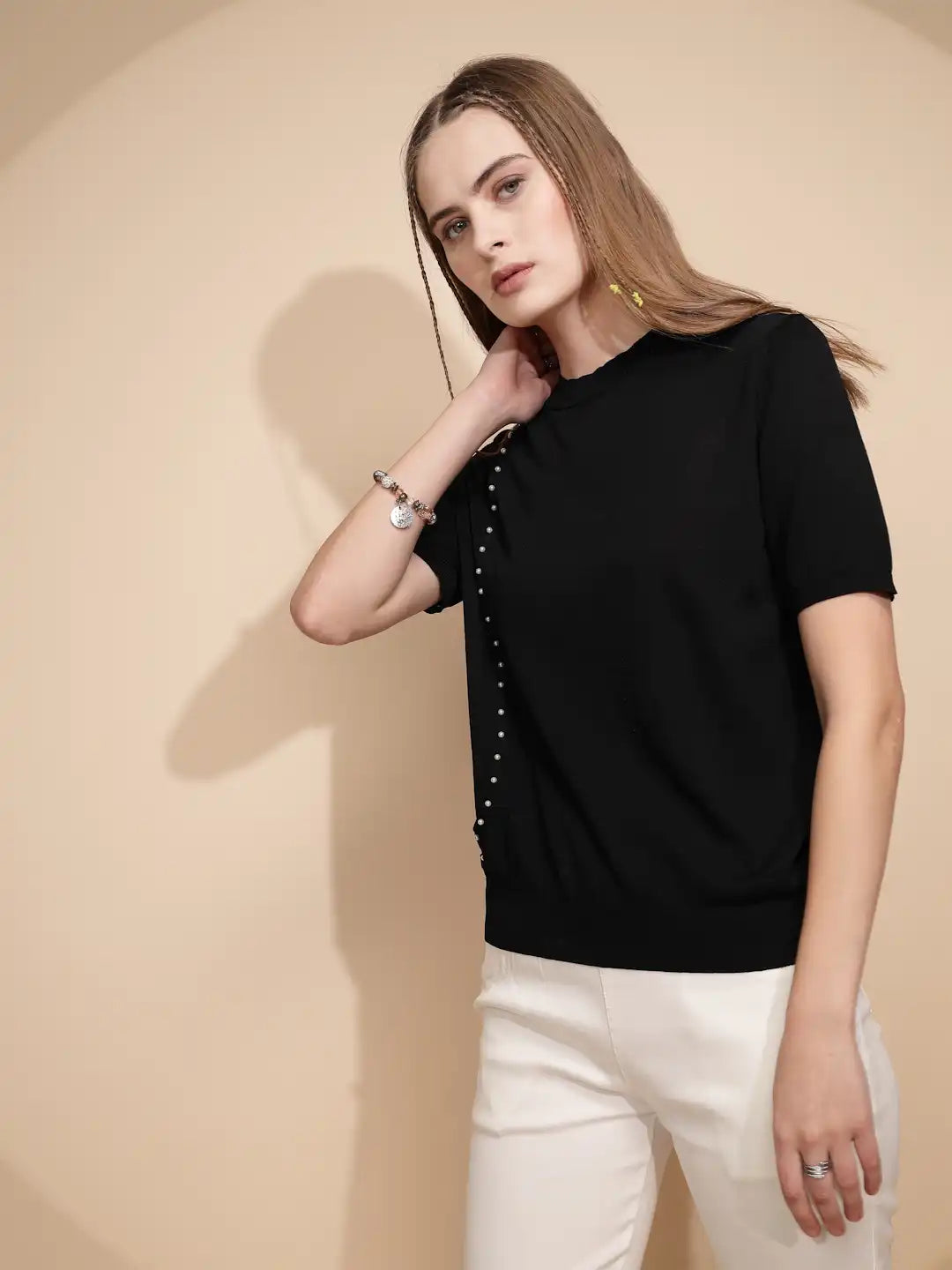 Black Solid Viscose Blend Top - Global Republic