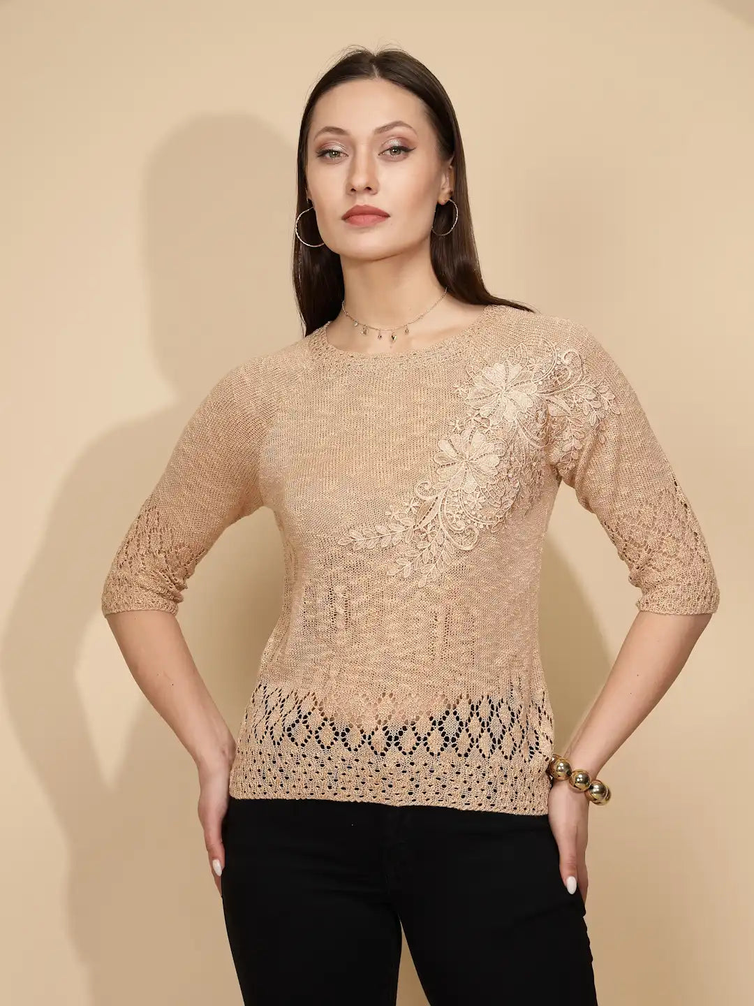 Beige Rayon Regular Fit Top For Women - Global Republic