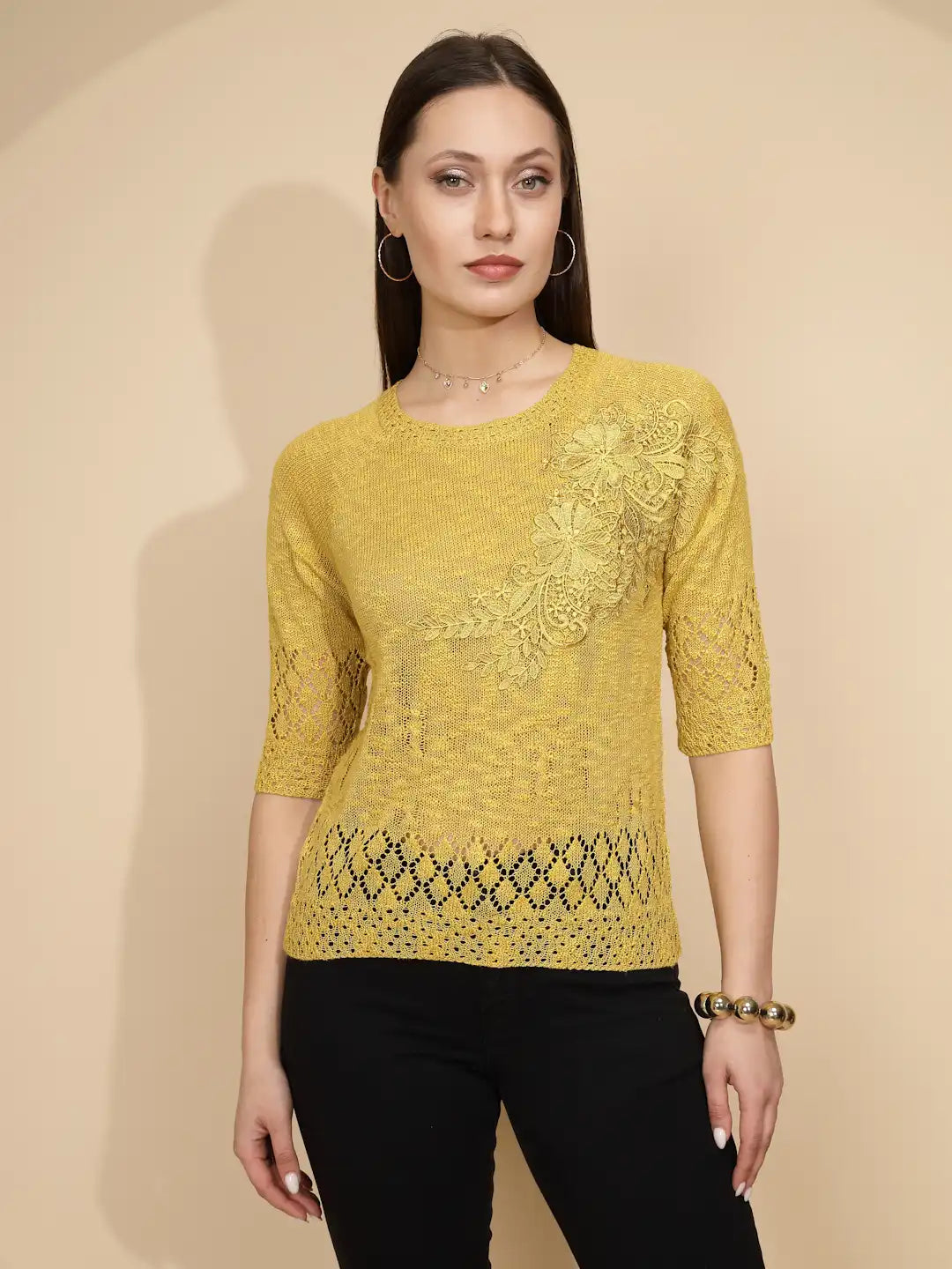 Yellow Rayon Regular Fit Top For Women - Global Republic