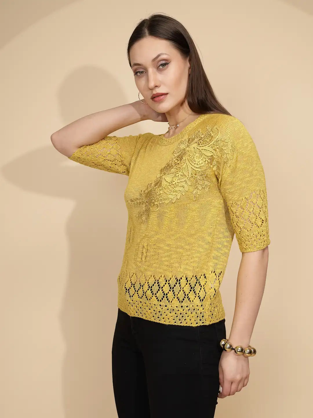 Yellow Rayon Regular Fit Top For Women - Global Republic