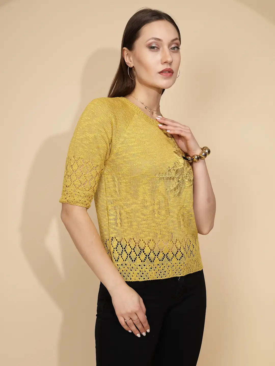 Yellow Rayon Regular Fit Top For Women - Global Republic