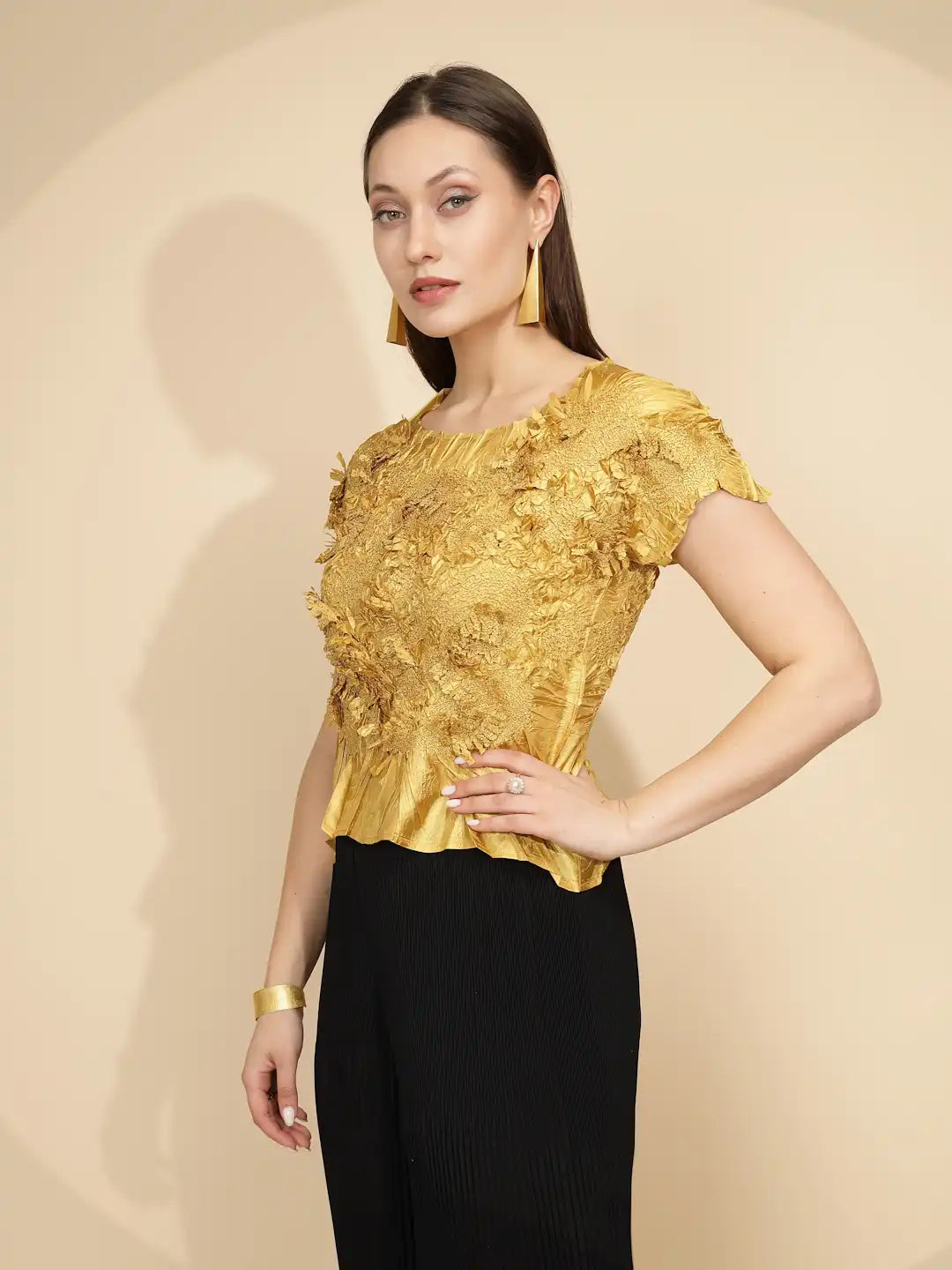 Gold Polyester Blend Regular Fit Blouson Top For Women