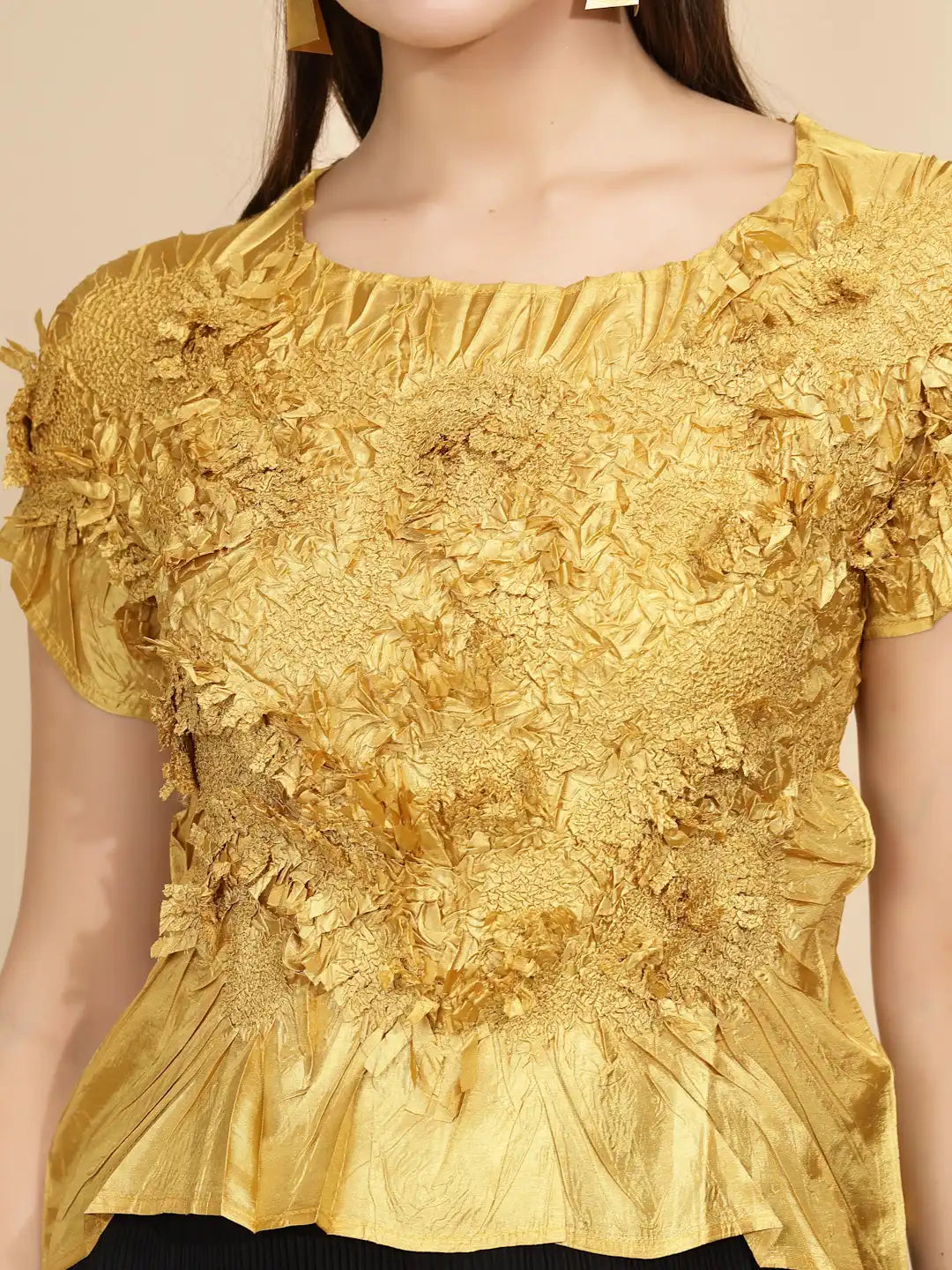 Gold Polyester Blend Regular Fit Blouson Top For Women