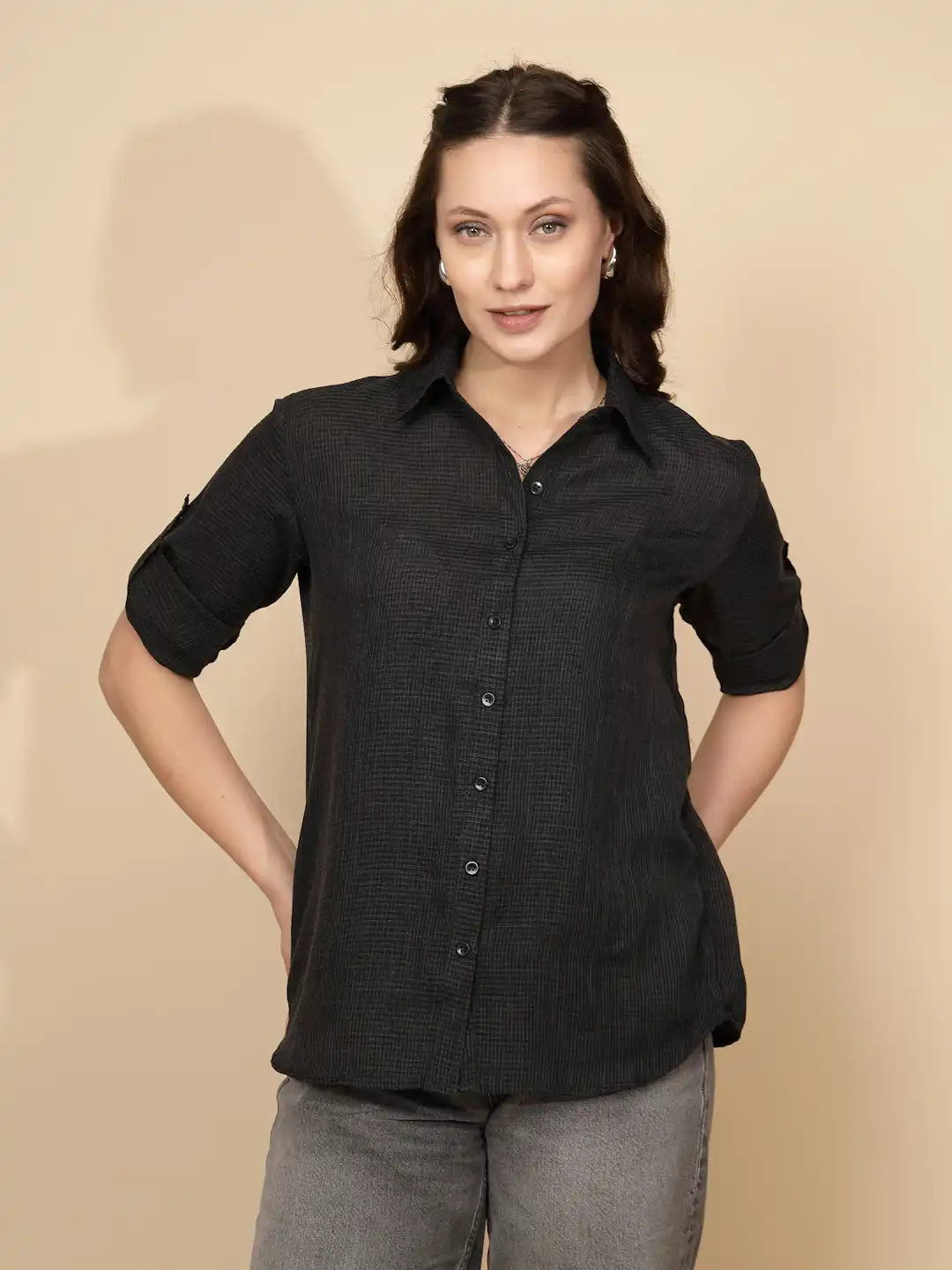 Black cotton Regular Fit Shirt For Women - Global Republic