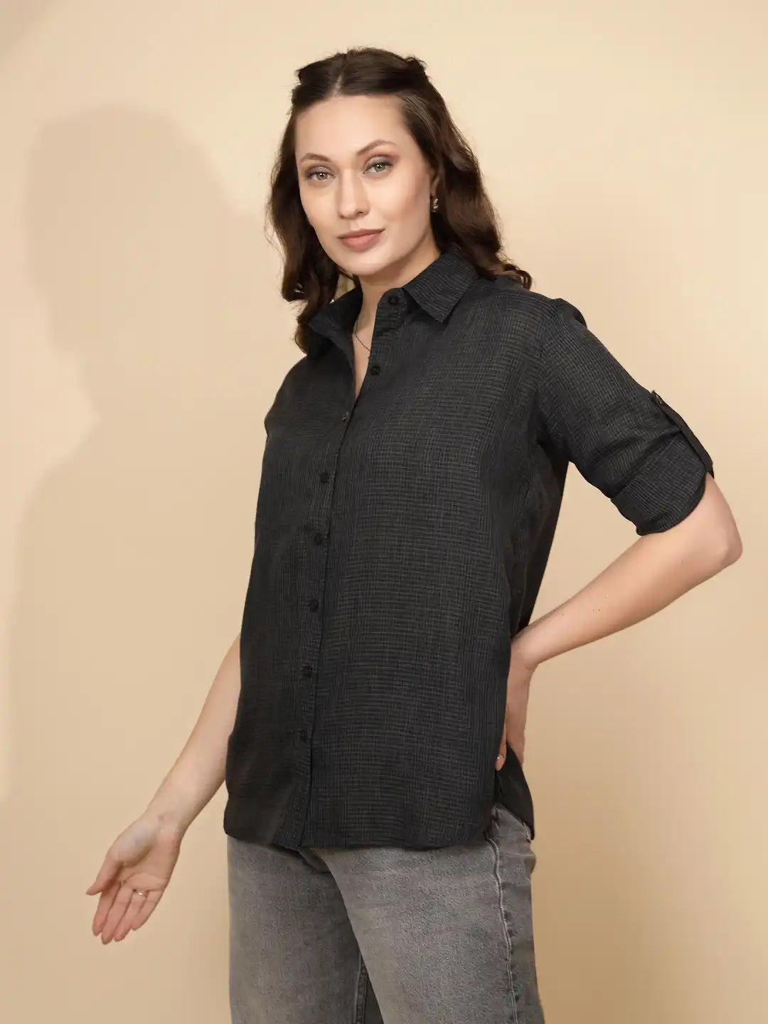 Black cotton Regular Fit Shirt For Women - Global Republic