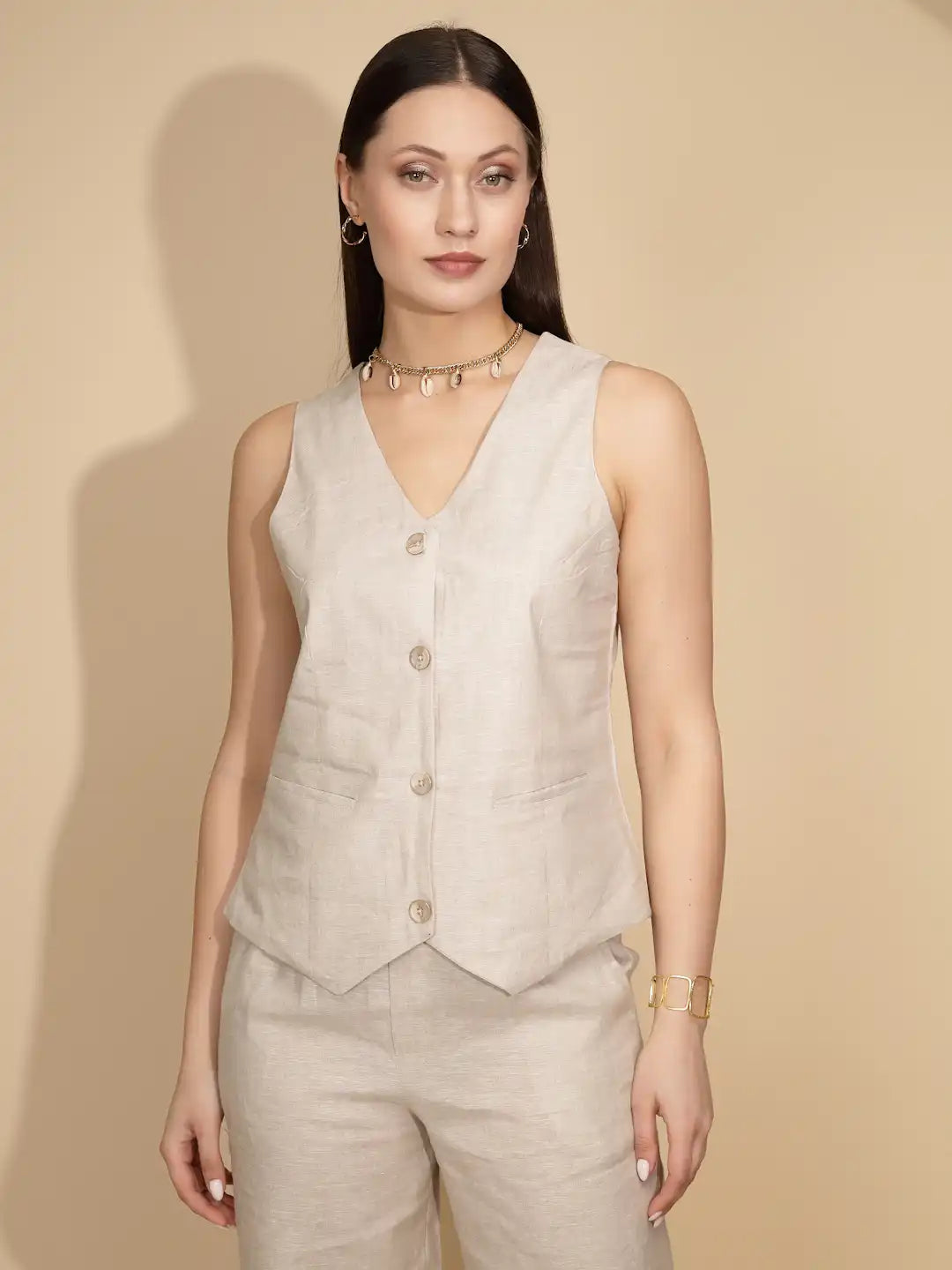 Beige Linen Regular Fit Waist Coat - Global Republic