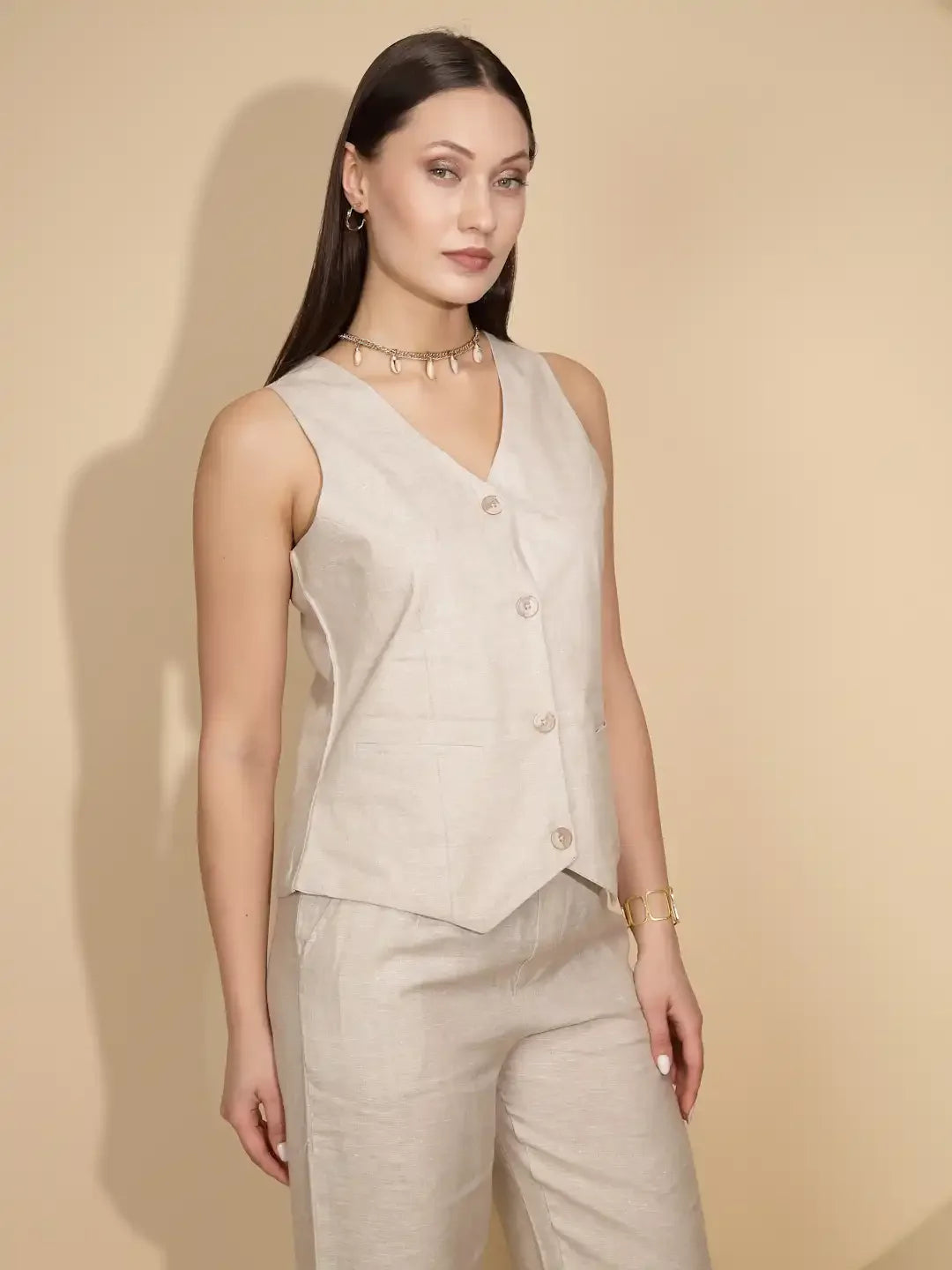 Beige Linen Regular Fit Waist Coat - Global Republic