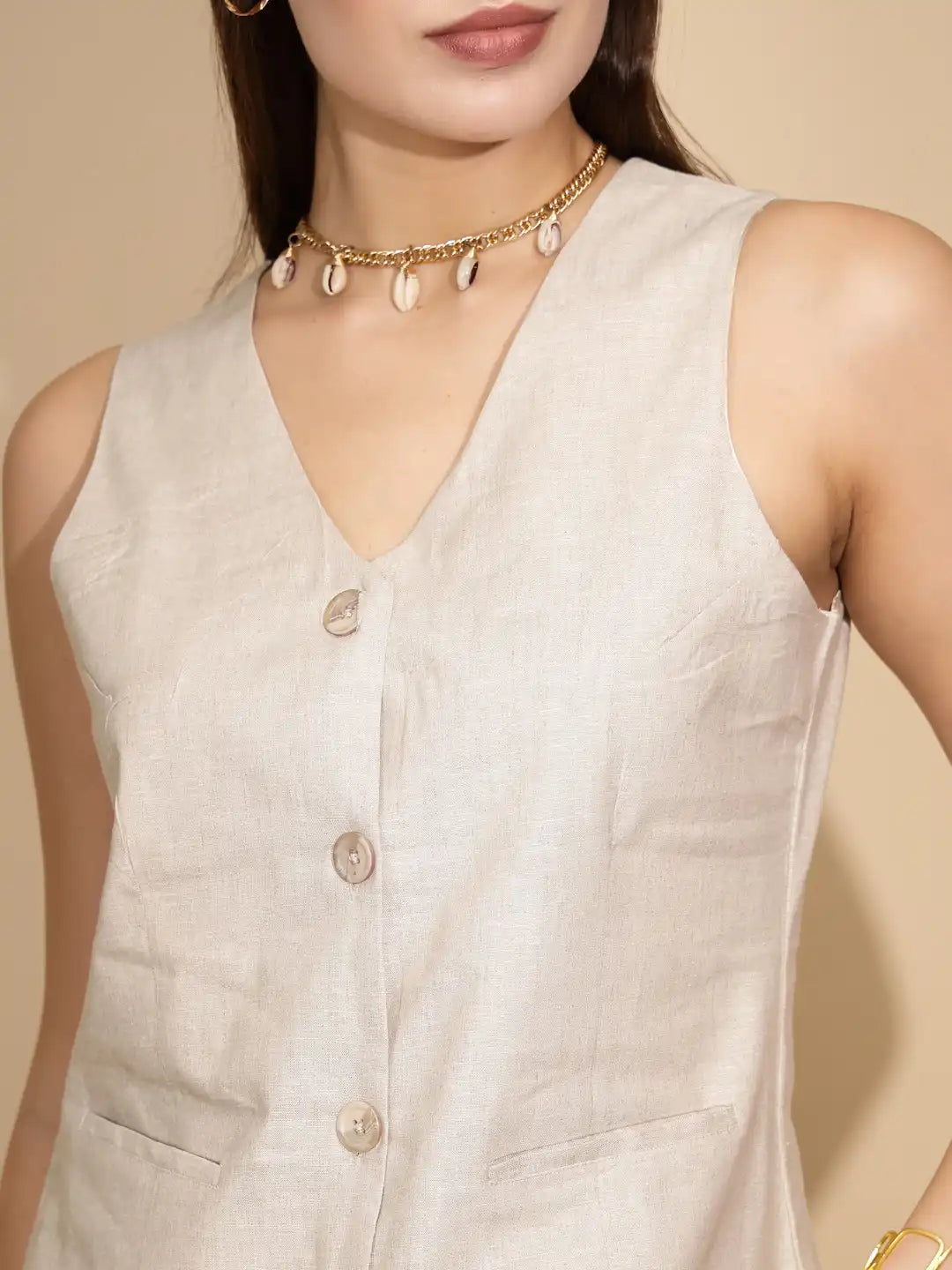 Beige Linen Regular Fit Waist Coat - Global Republic