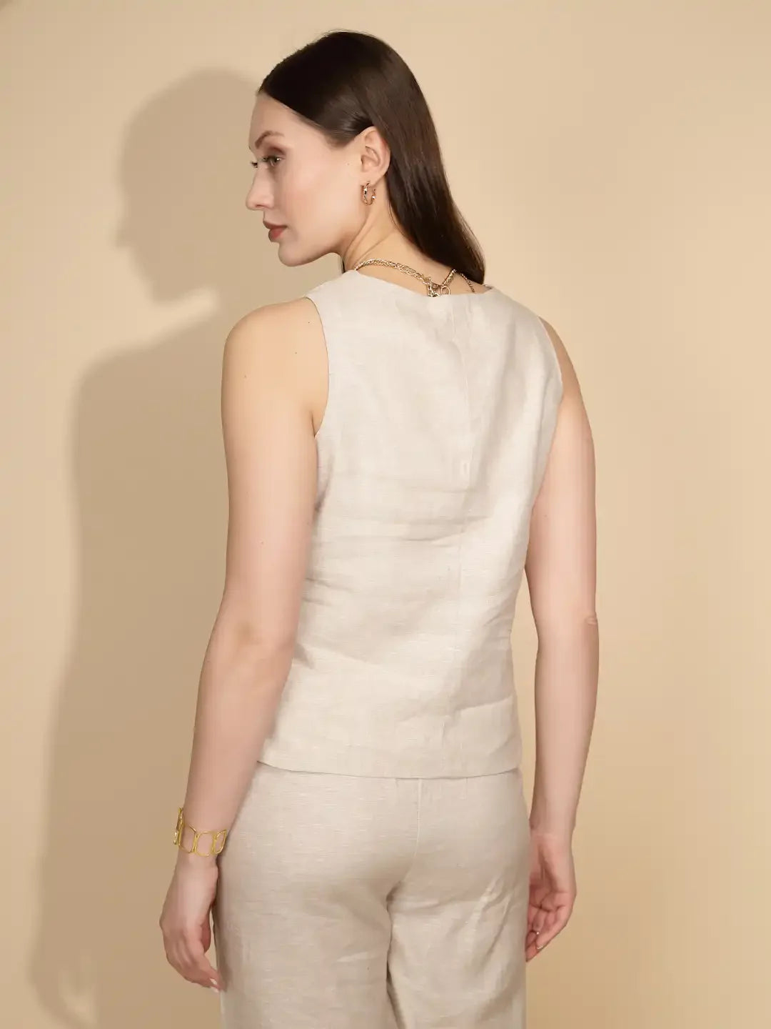 Beige Linen Regular Fit Waist Coat - Global Republic