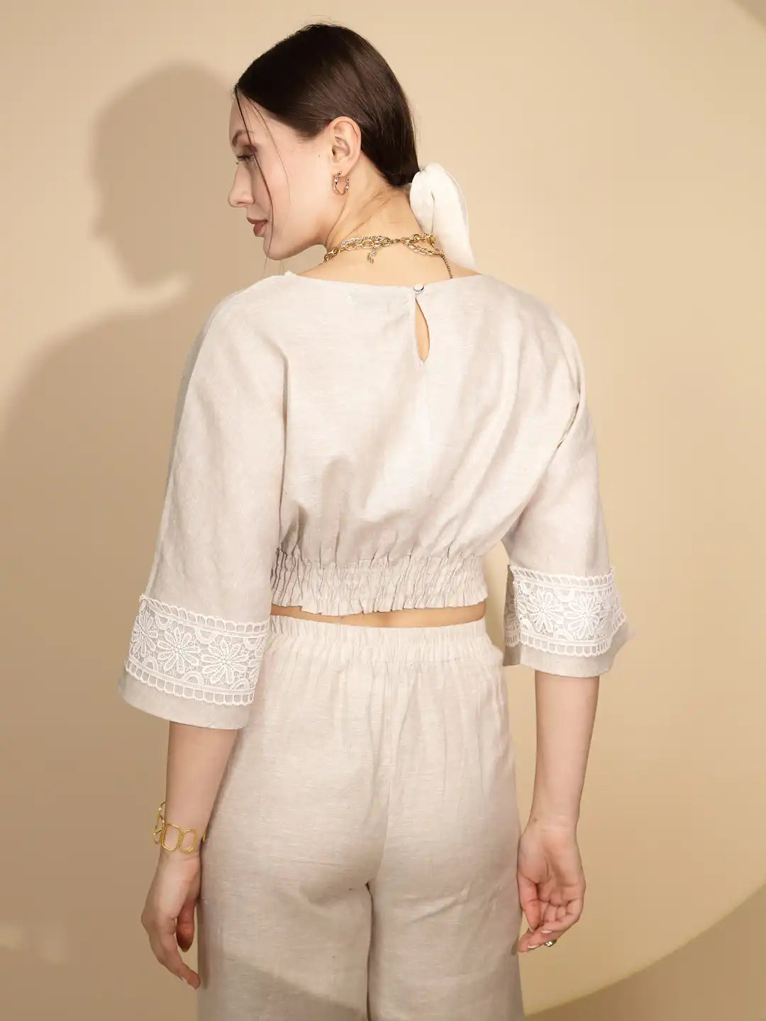 Beige Linen Regular Fit Blouson Top For Women - Global Republic